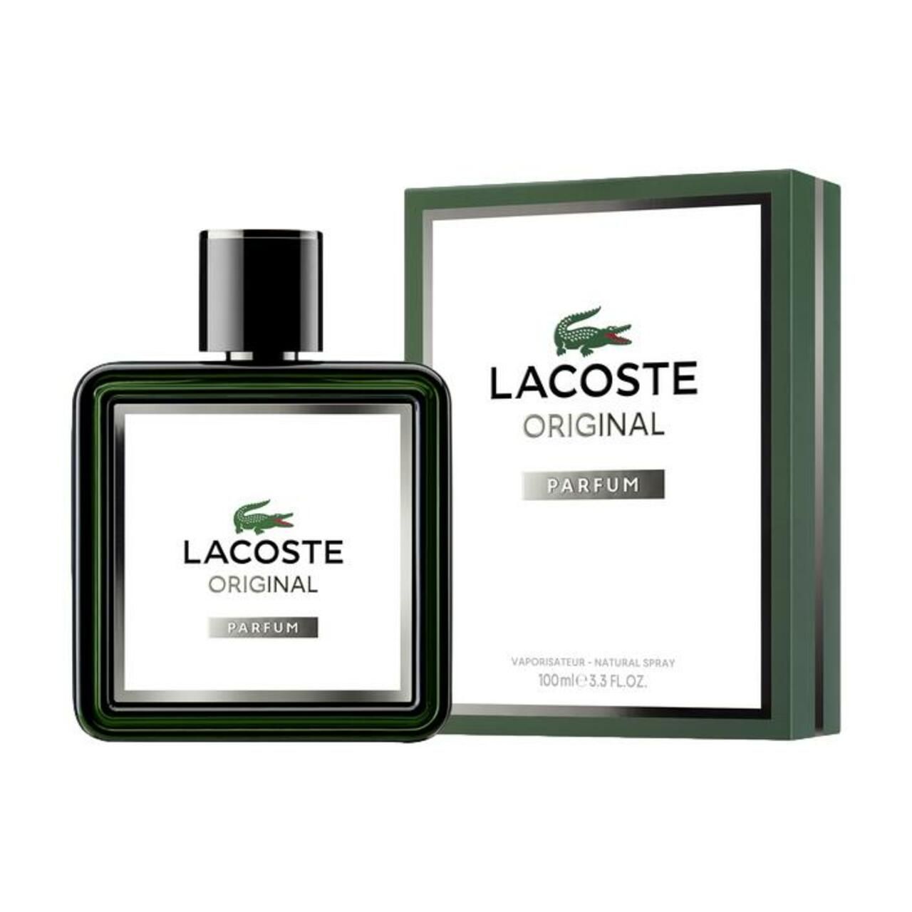 Parfumflakon und Verpackung. Schwarzer Flakon mit grünem Rahmen, weißem Etikett und Krokodil-Logo. Verpackung mit Logo und Schriftzug.