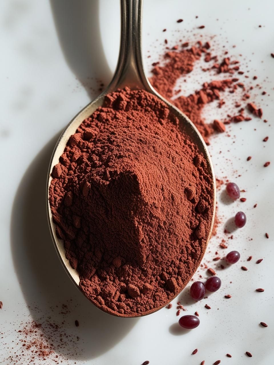 Löffel mit braunem Pulver. Daneben Traubenkernextrakt und Traubenkerne auf weißem Untergrund.