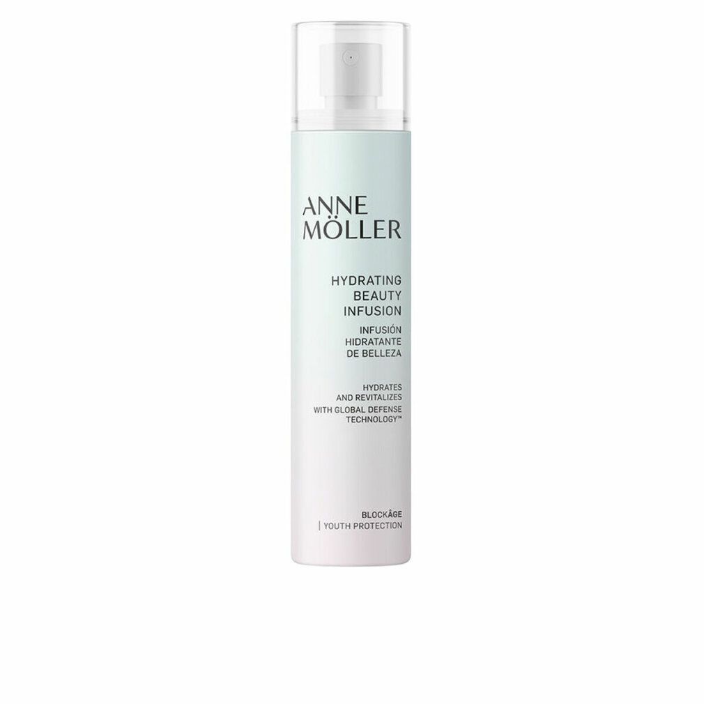 Flasche mit Sprühkopf. Aufschrift: Anne Möller, Hydrating Beauty Infusion. Farbverlauf von Weiß zu Mintgrün.