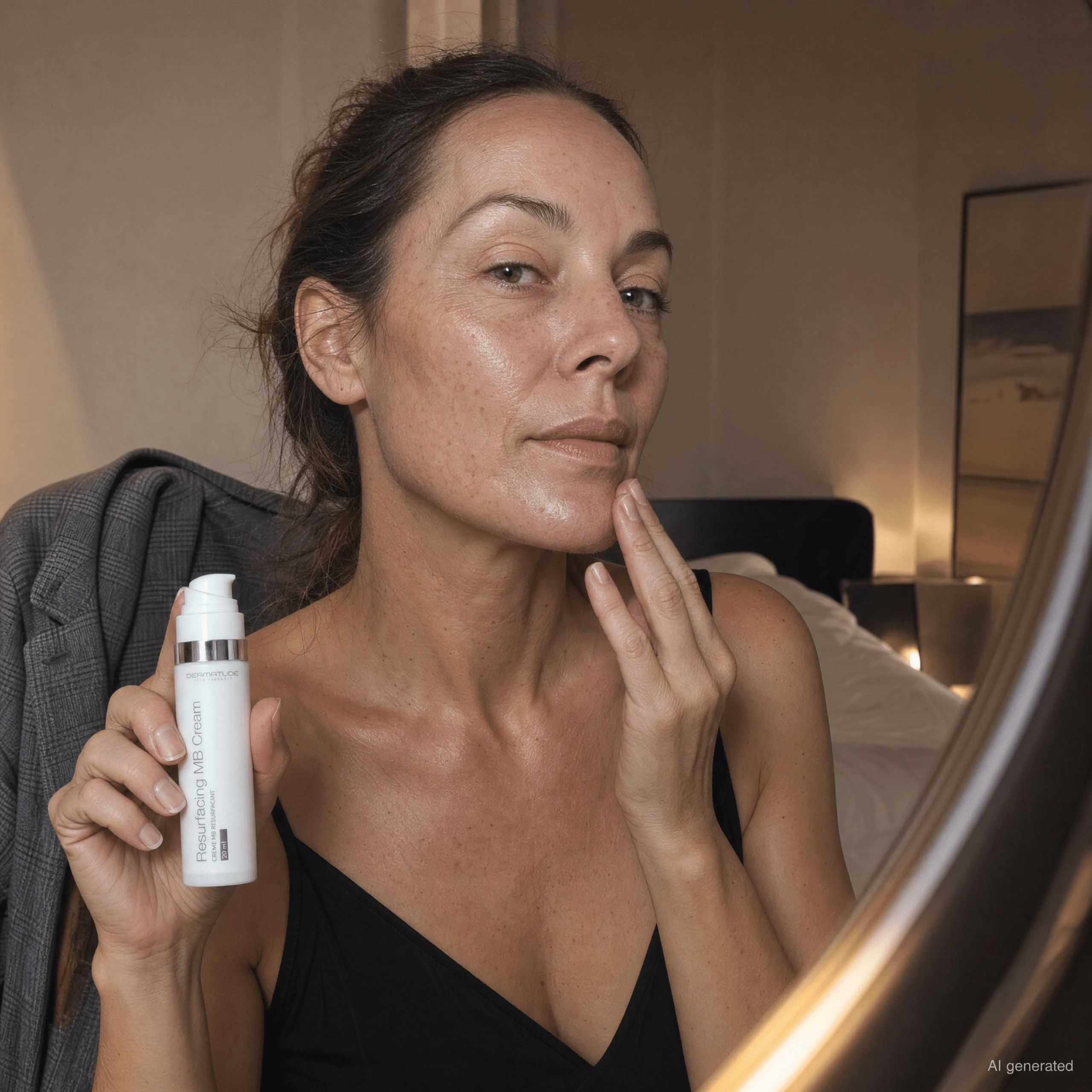 Ein Spender mit "Resurfacing Serum" steht neben einer Frau mit Hautunreinheiten. Mikroskopische Darstellungen von Hautschichten und Bakterien sind sichtbar.