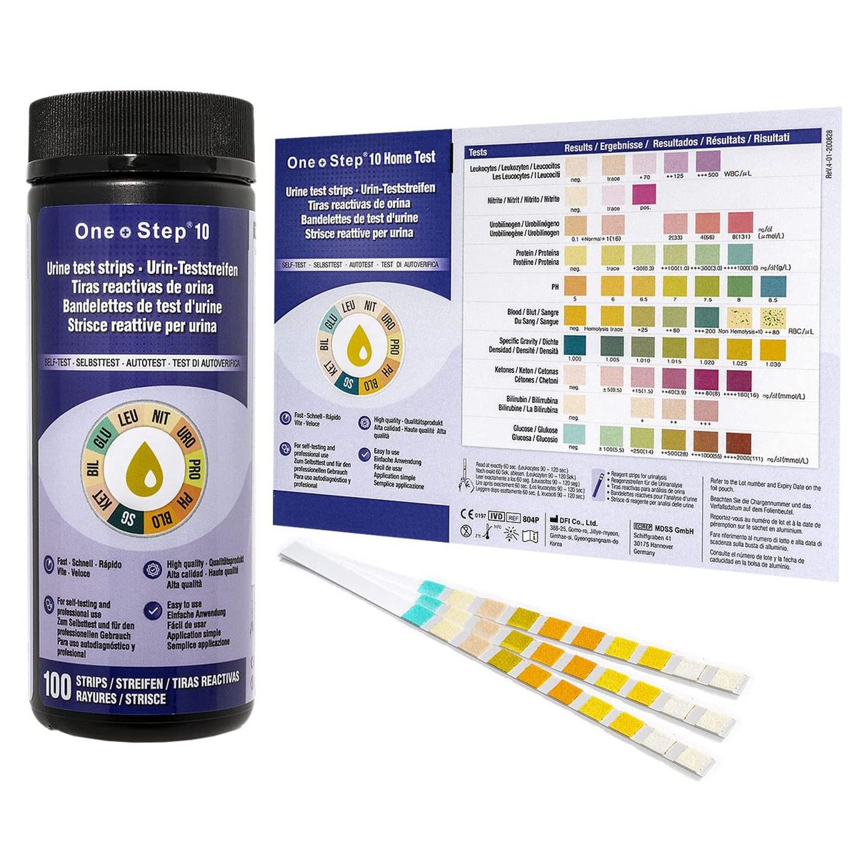 100 One+Step Urinteststreifen für 10 Indikatoren - Gesundheitstest inkl. Referenzfarbkarte