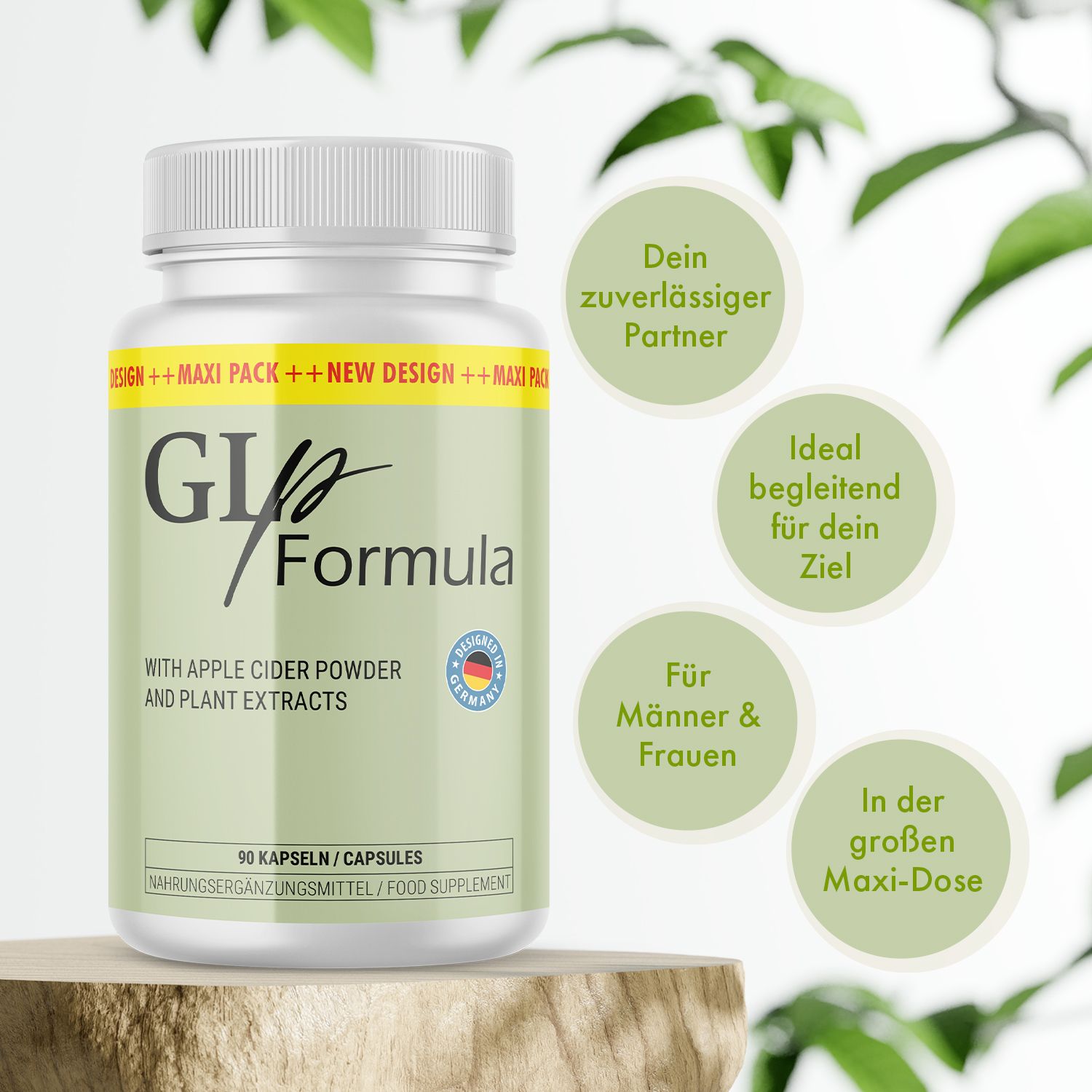 Weißes Pillenbehälter mit grüner Etikett. Aufschrift: GLp Formula, 90 Kapseln, hergestellt in Deutschland. Auf Holzsockel.