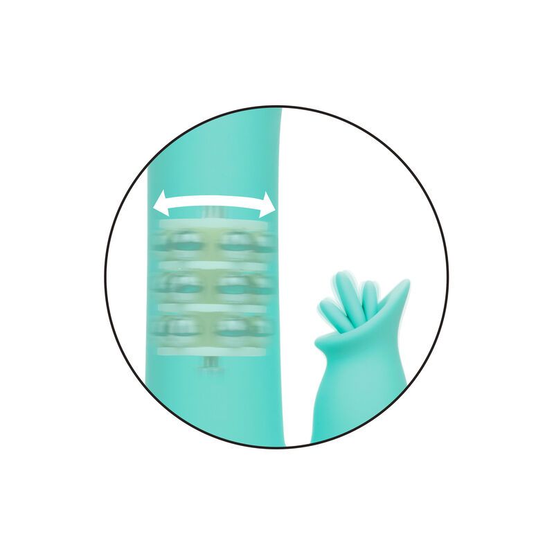 Nahaufnahme eines türkisfarbenen Vibrators. Detailansicht der Vibrationsfunktion.