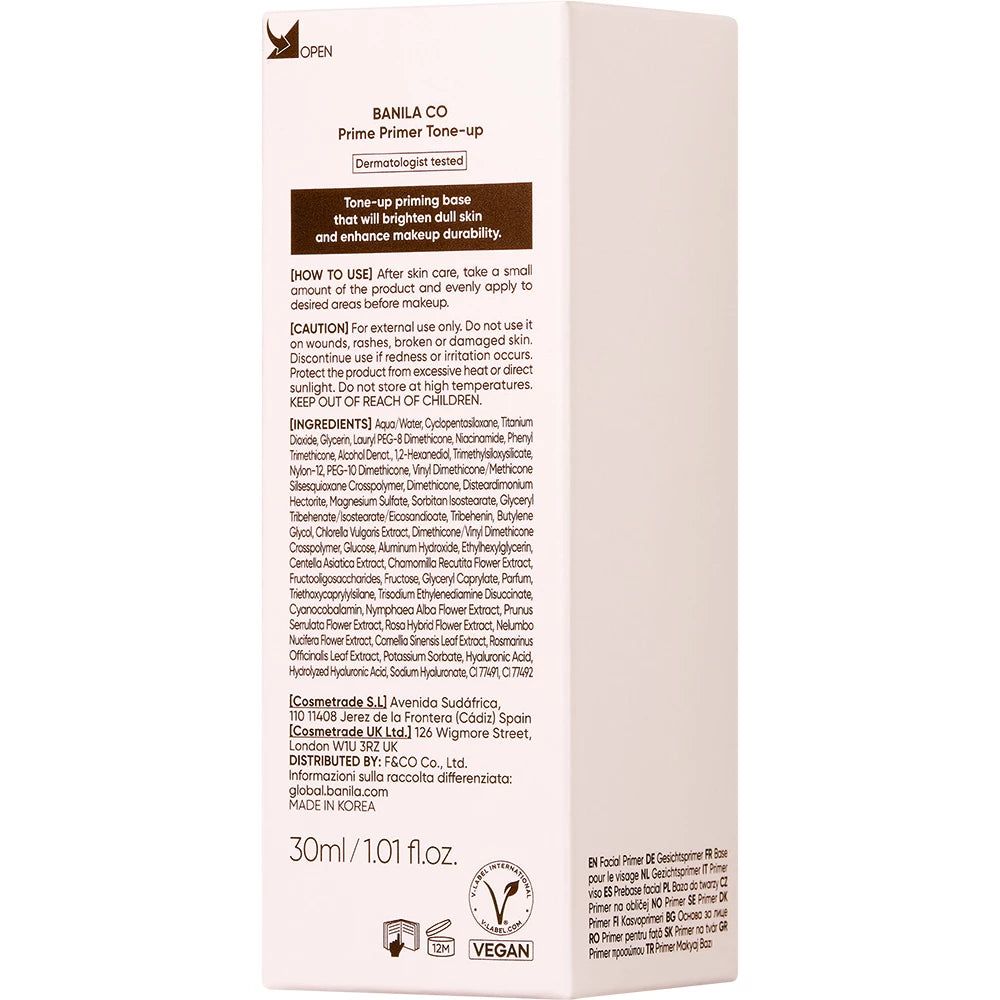 Rückseite der weißen Verpackung. Text: BANILA CO Prime Primer Tone-up. Inhaltsstoffe, Gebrauchsanweisung, Herstellerinformationen.