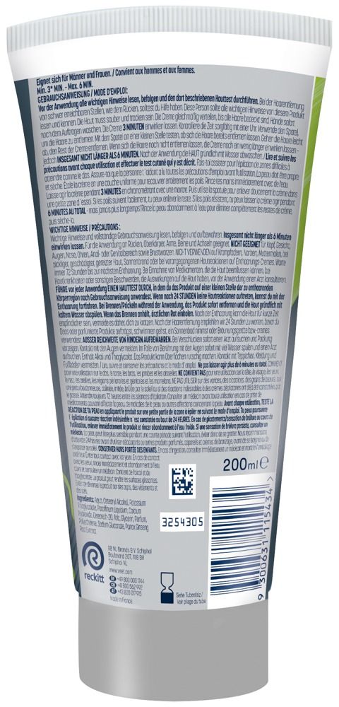 Rückseite einer Veet for Men Total Pro Haarentfernungscreme Tube mit Anwendungshinweisen.