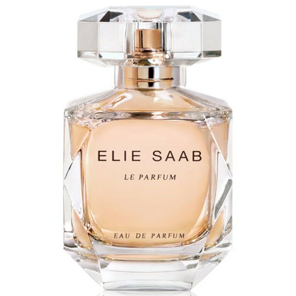 Elie Saab Le Parfum Eau de Parfum. Glasflakon mit goldfarbenem Verschluss. Klarer Flakon mit Schriftzug.
