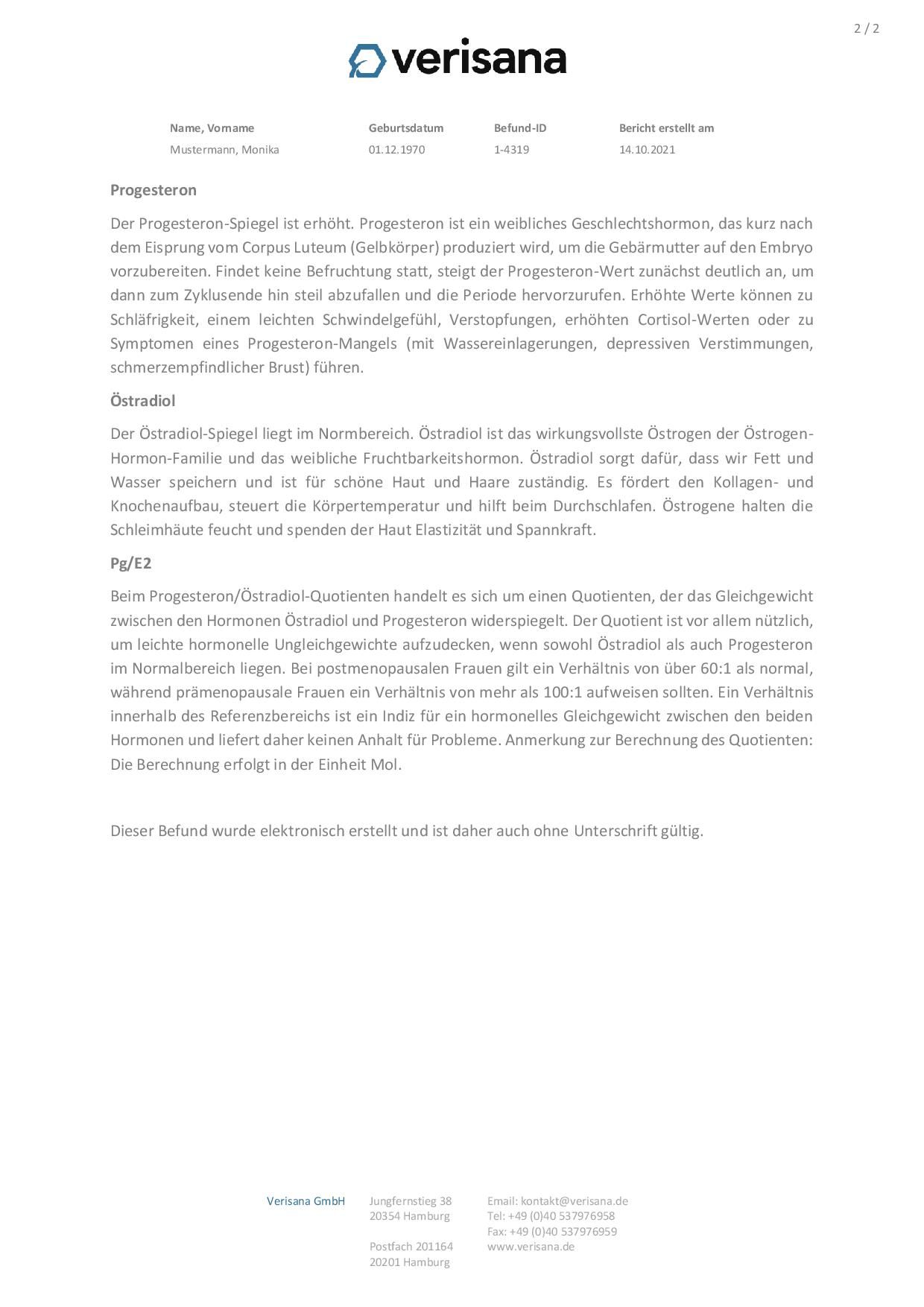 Fortsetzung des Laborberichts. Erläuterungen zu den Testergebnissen. Text und Logo Verisana.