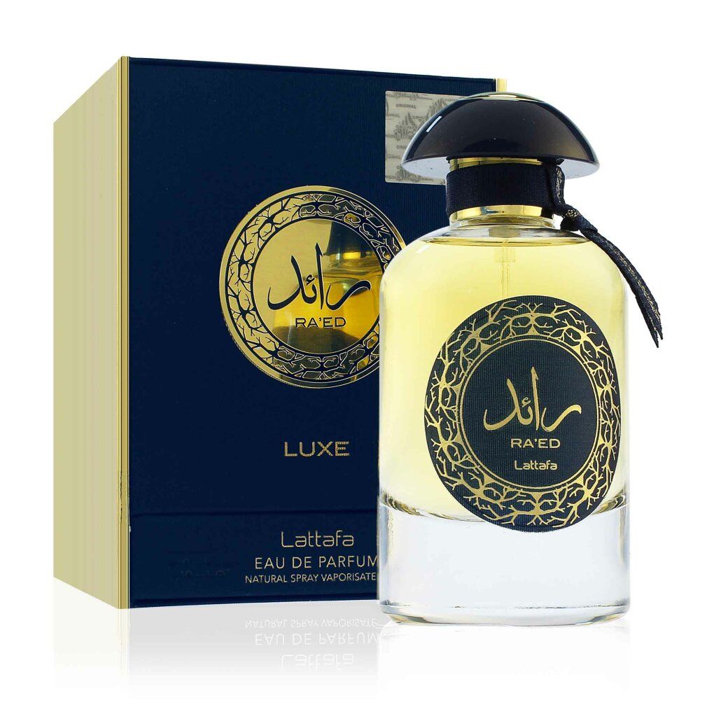 Parfümflasche mit blauer Verpackung. Auf der Verpackung steht "Luxe". Auf der Flasche steht "Ra'ed Lattafa".