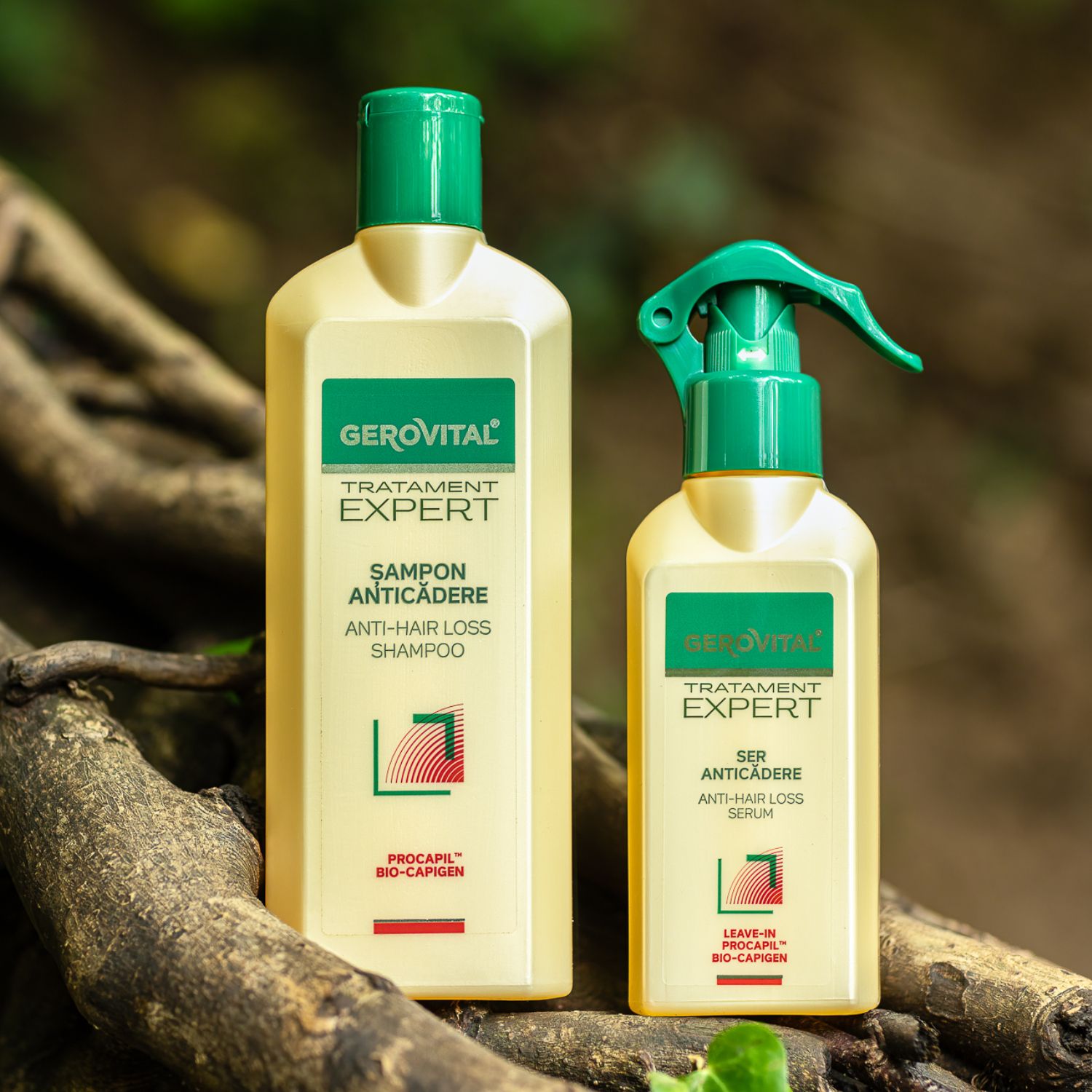 Zwei Flaschen Shampoo und Serum. Text: Gerovital Tratament Expert, Sampon Anticadere, Anti-Hair Loss Shampoo.