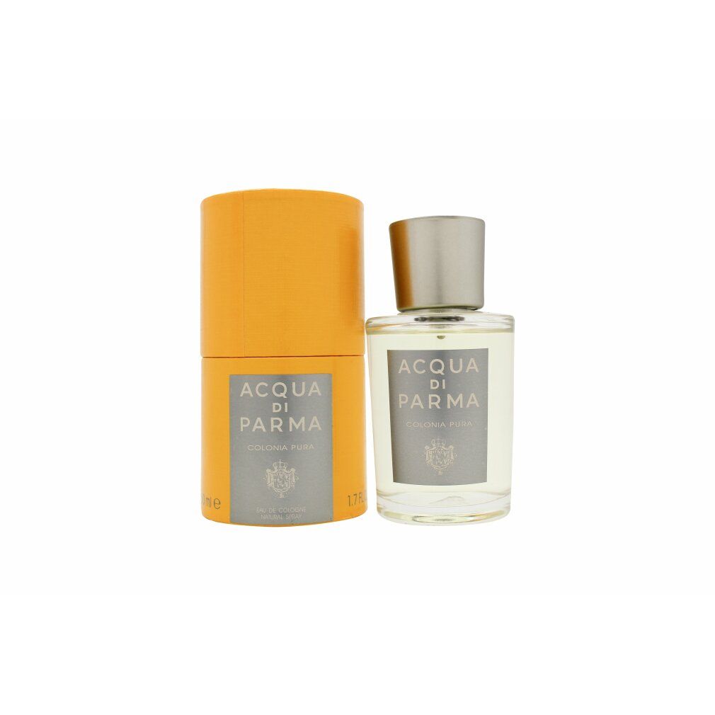 Flakon und gelbe Verpackung. 'Acqua di Parma Colonia Pura' auf Etikett und Verpackung.