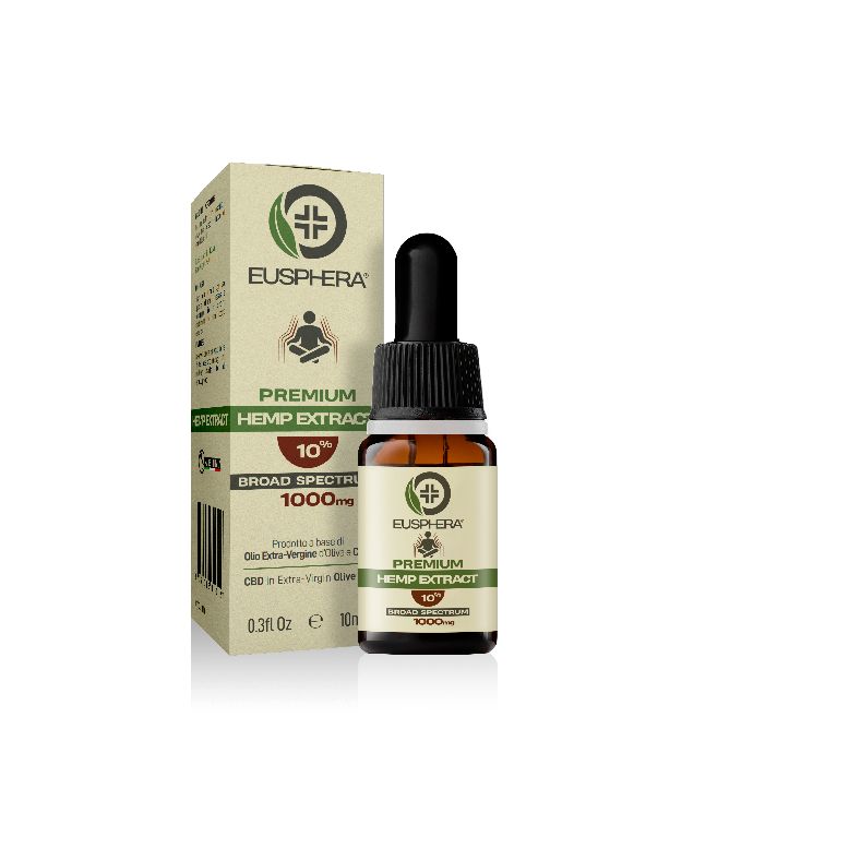 Flacone di vetro marrone con contagocce e scatola. Scritta: Eusphera, 10% Broad Spectrum, 1000mg.