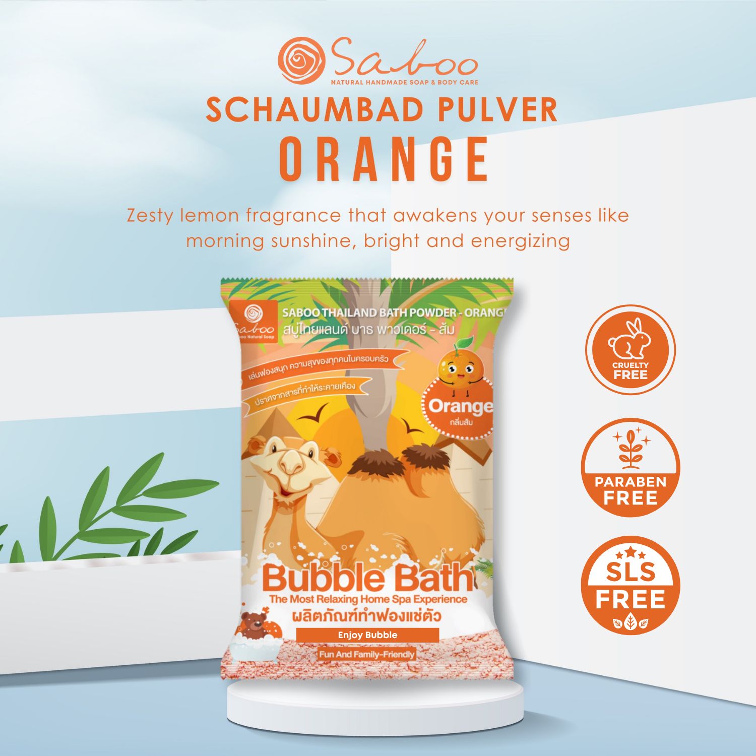 Verpackung von SABOO Schaumbad Pulver - Orange. Text über Duft und Inhaltsstoffe. Logos: Cruelty Free, Paraben Free, SLS Free.