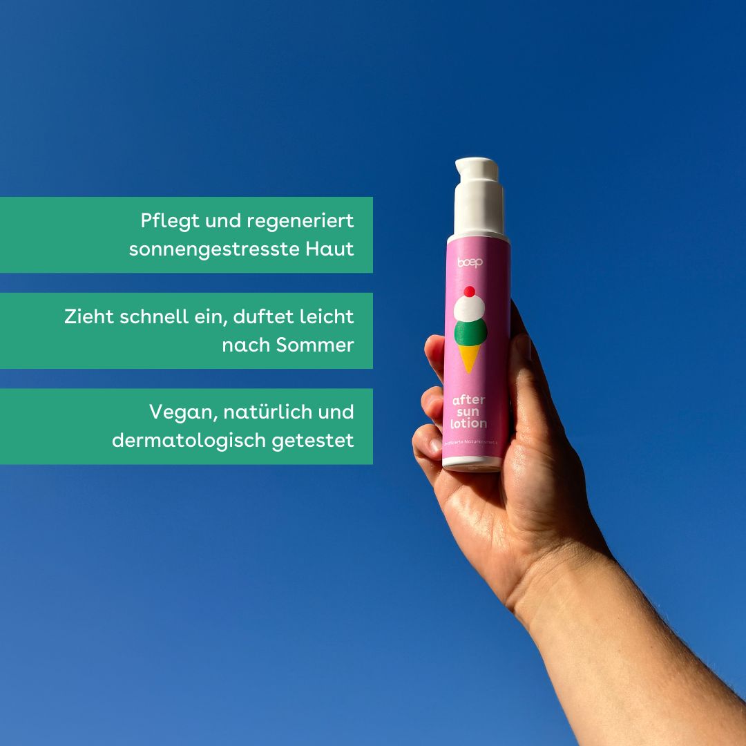 Hand hält rosa Flasche mit weißem Pumpkopf. Text: "Pflegt und regeneriert...", "Zieht schnell ein...", "Vegan, natürlich..."