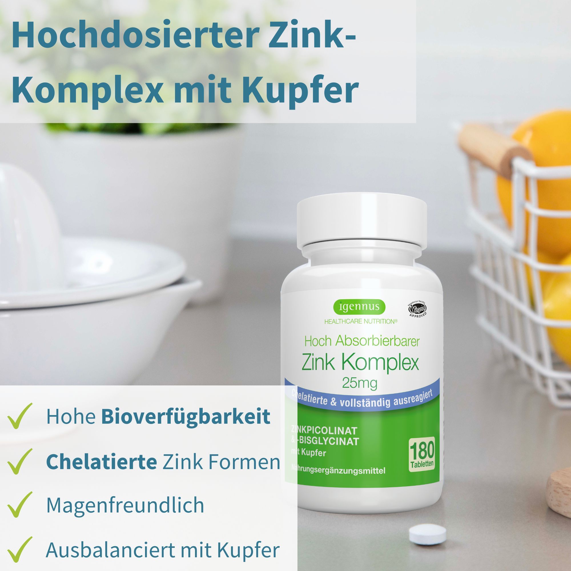Igennus Zink Komplex Flasche mit 180 Tabletten, hoch bioverfügbar, chelatierte Zinkformen, magenfreundlich, mit Kupfer.