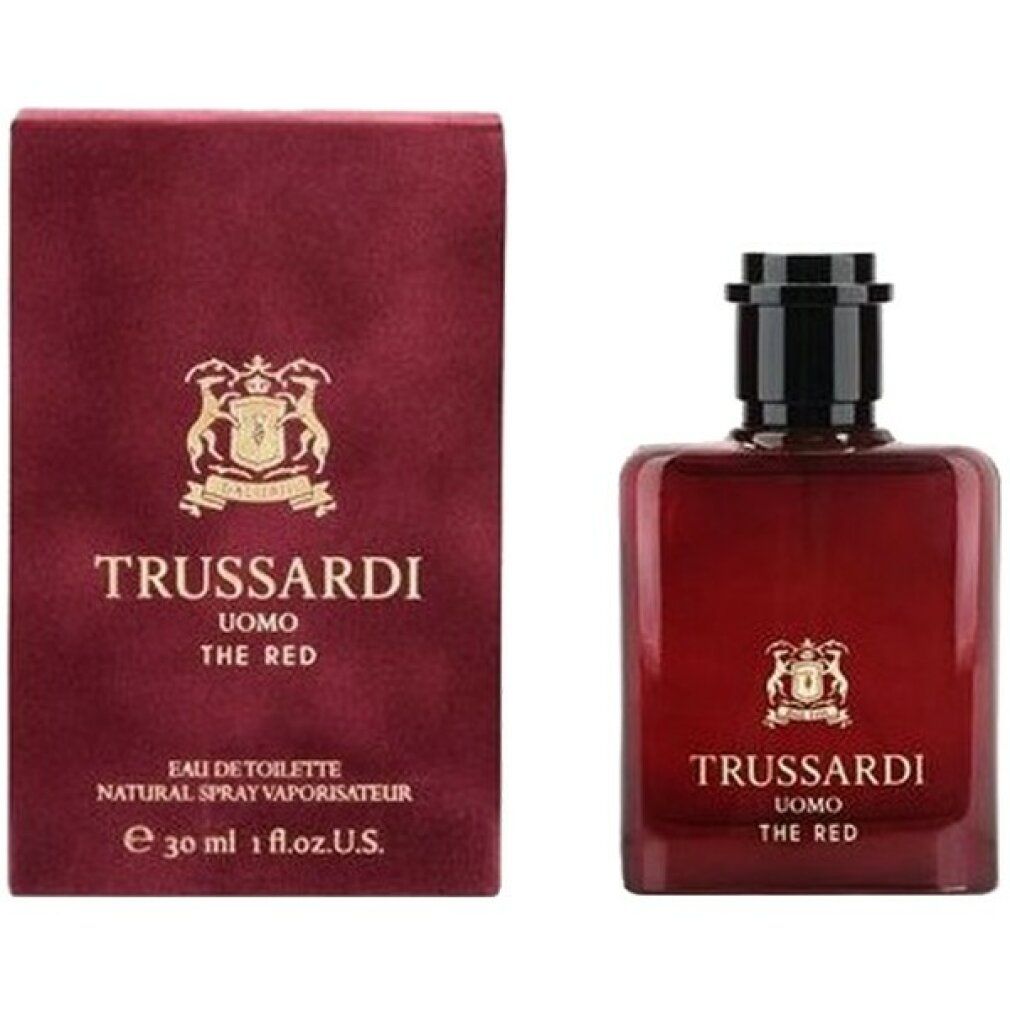 Rote Flasche und Schachtel. Flasche mit schwarzem Verschluss, Schachtel mit Logo und Schriftzug. Aufschrift: Trussardi Uomo The Red.