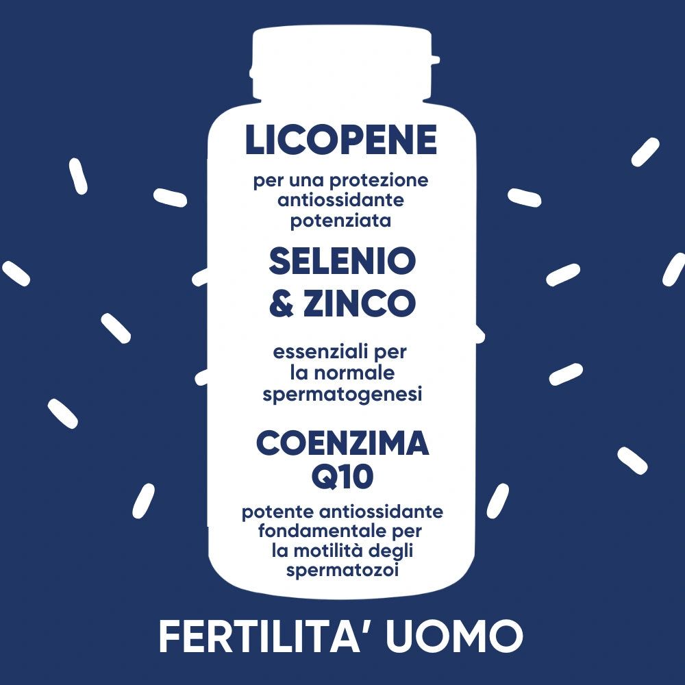 Weißes Etikett mit Text: Lycopene, Selenio & Zinco, Coenzima Q10, Fertilità Uomo. Blauer Hintergrund mit weißen Punkten.
