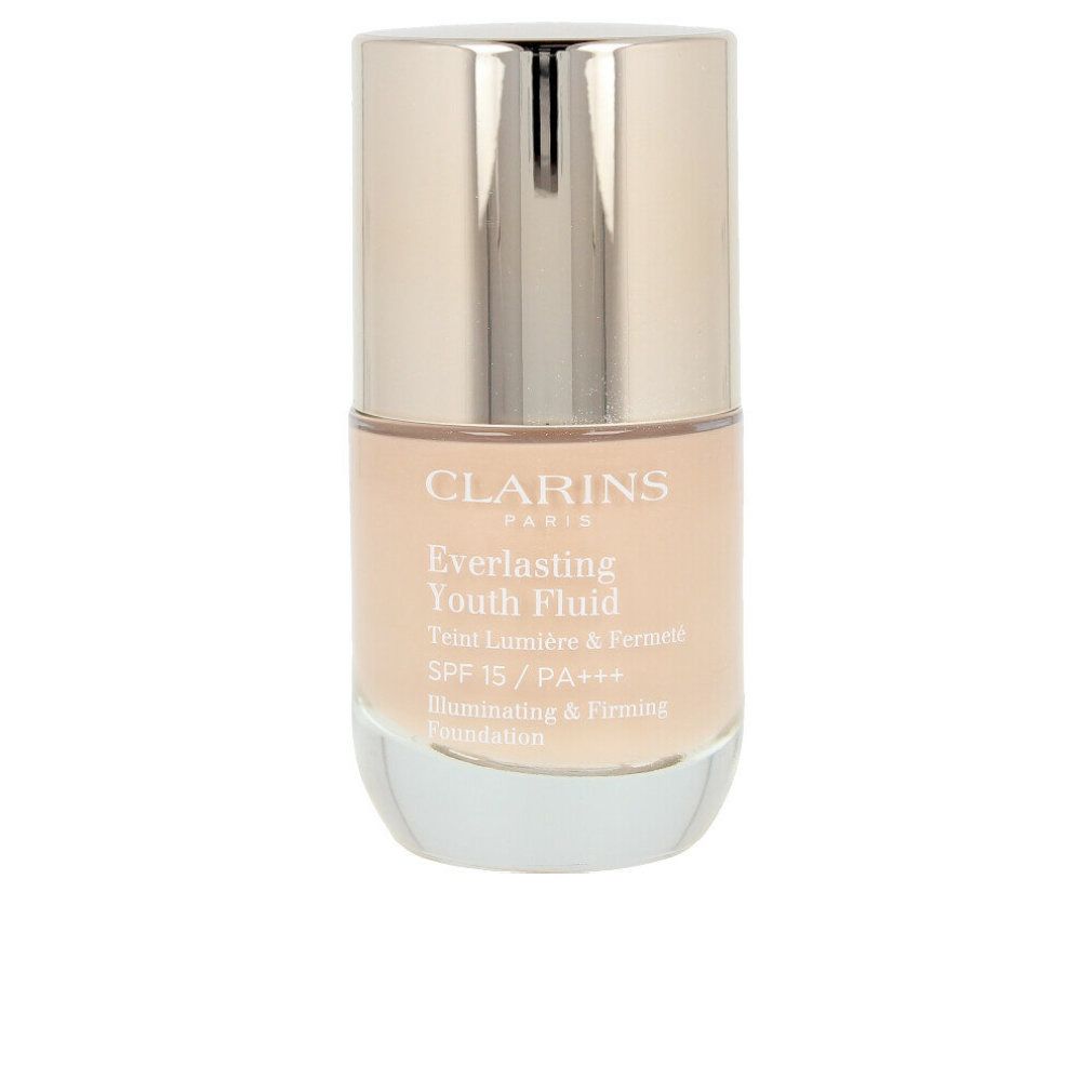 Flüssigkeit EVERLASTING YOUTH, 107-beige. Glasflasche mit silbernem Deckel. Text: Clarins, Everlasting Youth Fluid, SPF 15/PA+++.