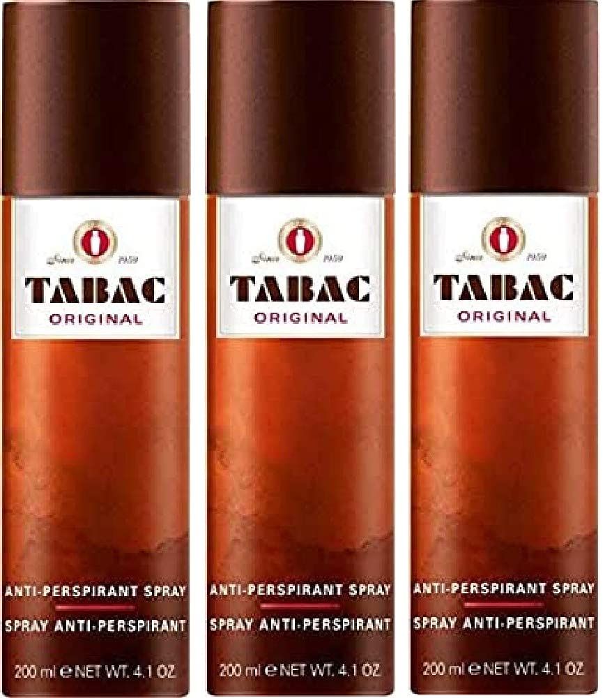 Drei Tabac Original Antitranspirant-Sprays. Braune Kappe, weißes Etikett mit Logo und Schriftzug. 200 ml.
