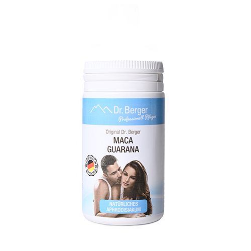 Weißes Pillenbehälter mit blauem Etikett. Aufschrift: Dr. Berger, Maca Guarana, Naturliches Aphrodisiakum. Abbildung eines Paares.