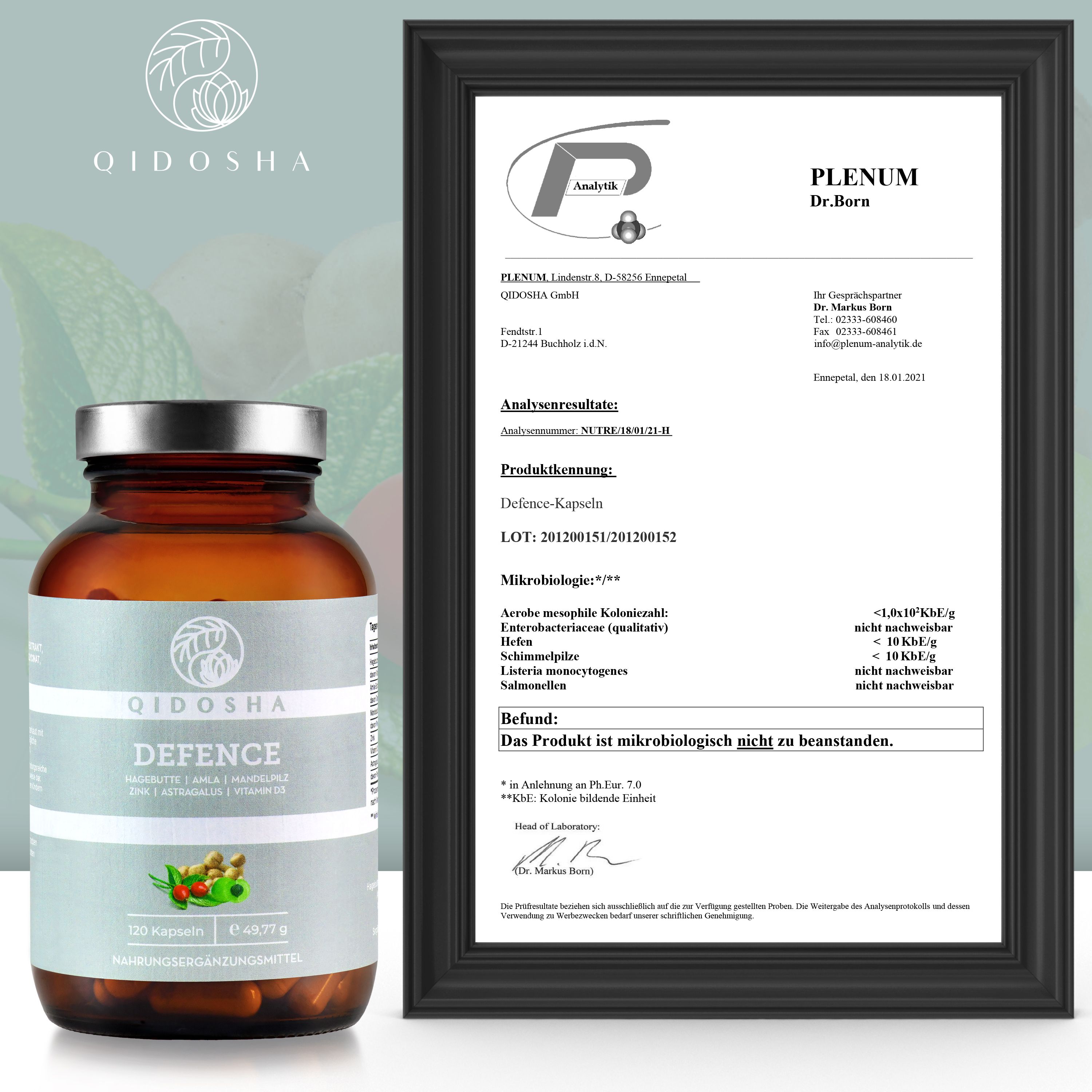Produktflasche neben Zertifikat. Zertifikat mit "PLENUM" und Analyseergebnissen. Flasche mit "QIDOSHA DEFENCE".