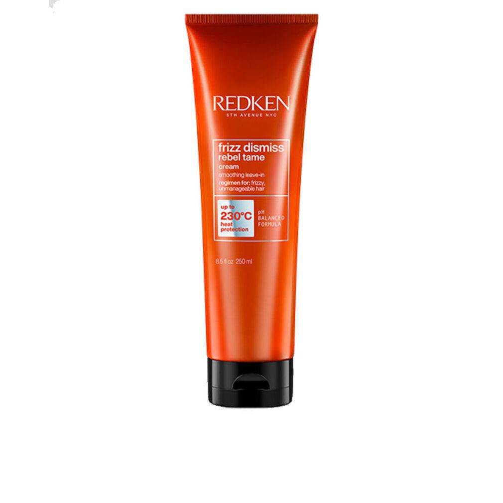 Orangefarbene Tube mit schwarzem Deckel. Aufschrift: Redken Frizz Dismiss Rebel Tame. 230°C Hitzeschutz.