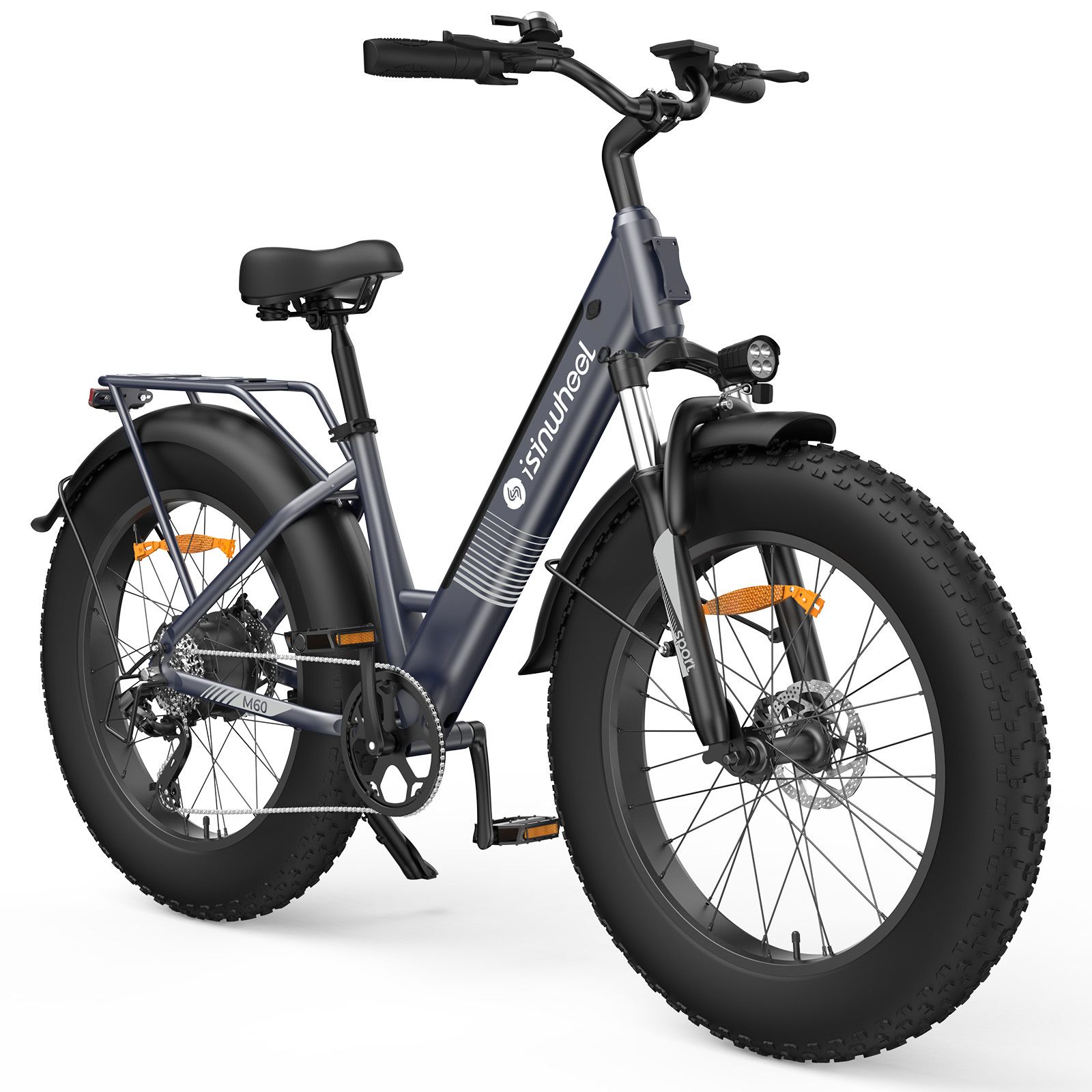 Isinwheel M60 E-Bike, blau, mit breiten Reifen, Gepäckträger und Scheinwerfer. Schwarze Schutzbleche und Sattel.