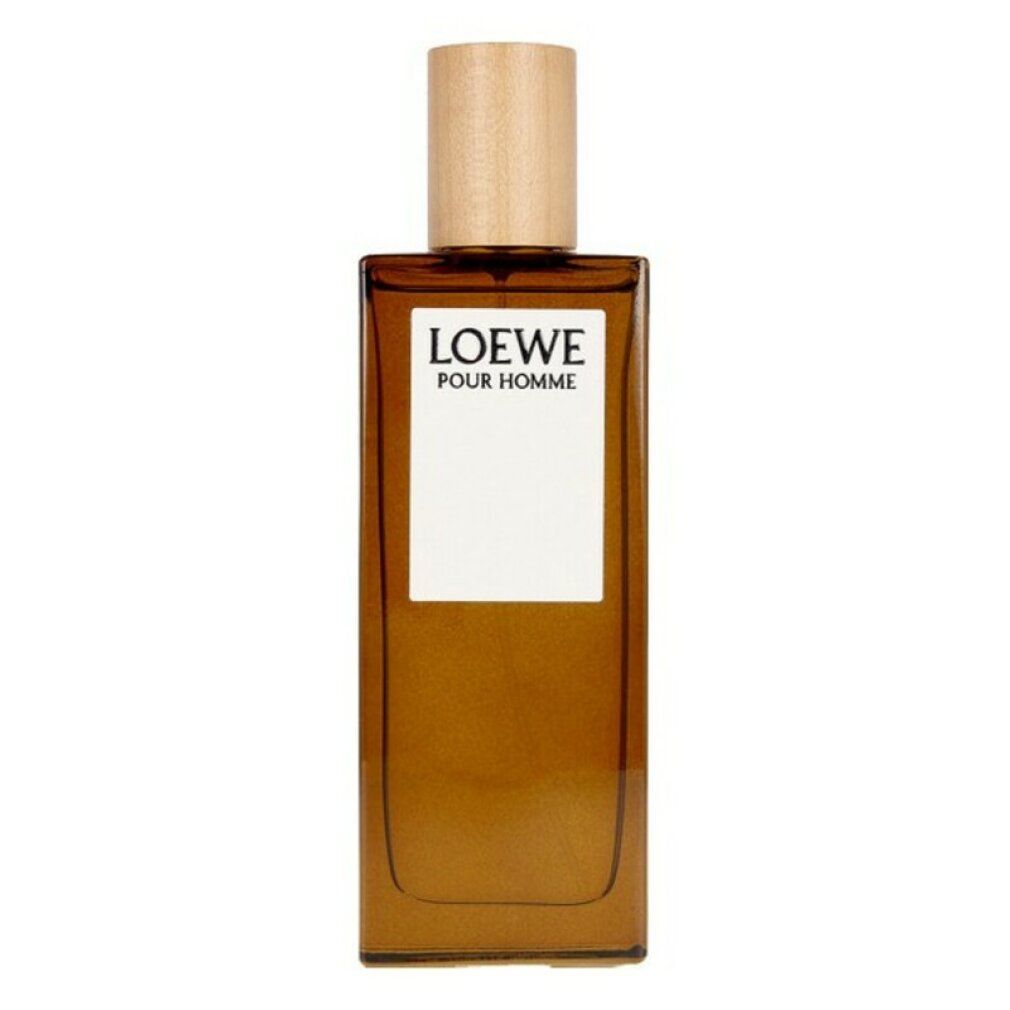 Braune Glasflasche mit Holzverschluss. Auf weißem Etikett steht "LOEWE POUR HOMME".