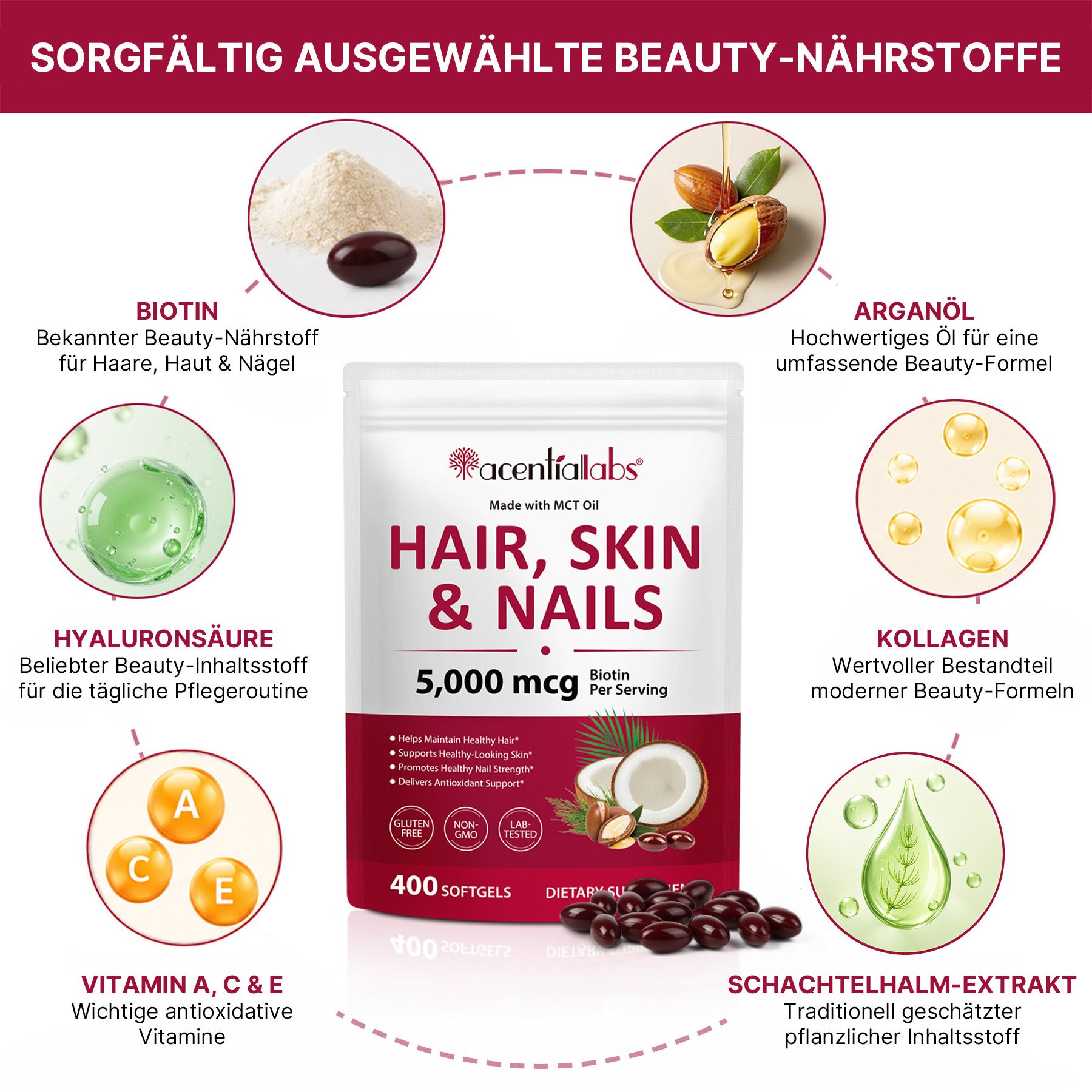 Verpackung mit "Hair, Skin & Nails" Nahrungsergänzungsmittel, 5.000 mcg Biotin, 400 Softgels. Enthält Biotin, Hyaluronsäure, Arganöl, Kollagen, Vitamine A, C, E, Schachtelhalm-Extrakt.