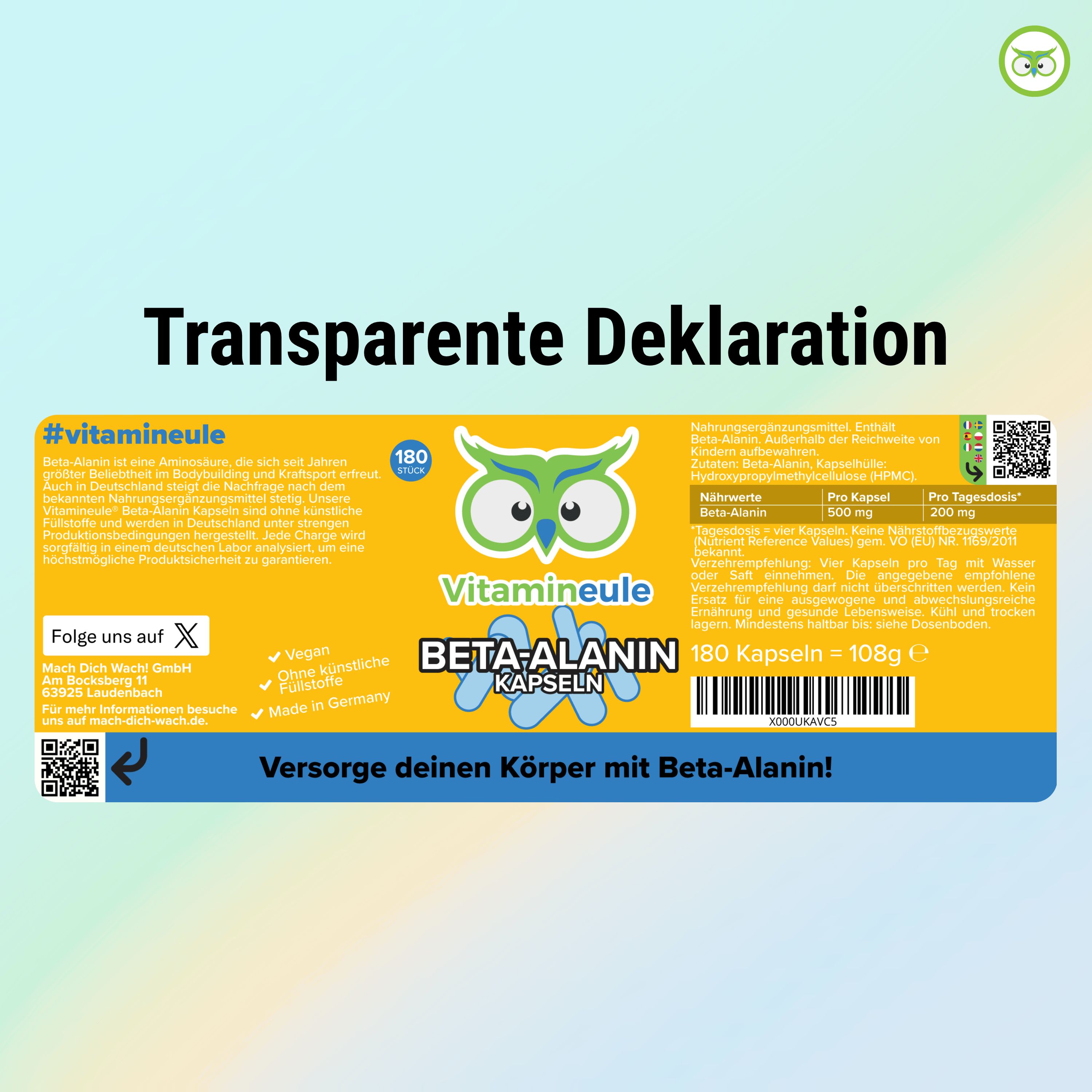 Gelbes Etikett mit Produktinformationen. Aufschrift: Beta-Alanin Kapseln, 180 Kapseln. Logo: grüne Eule. Nährwertangaben.