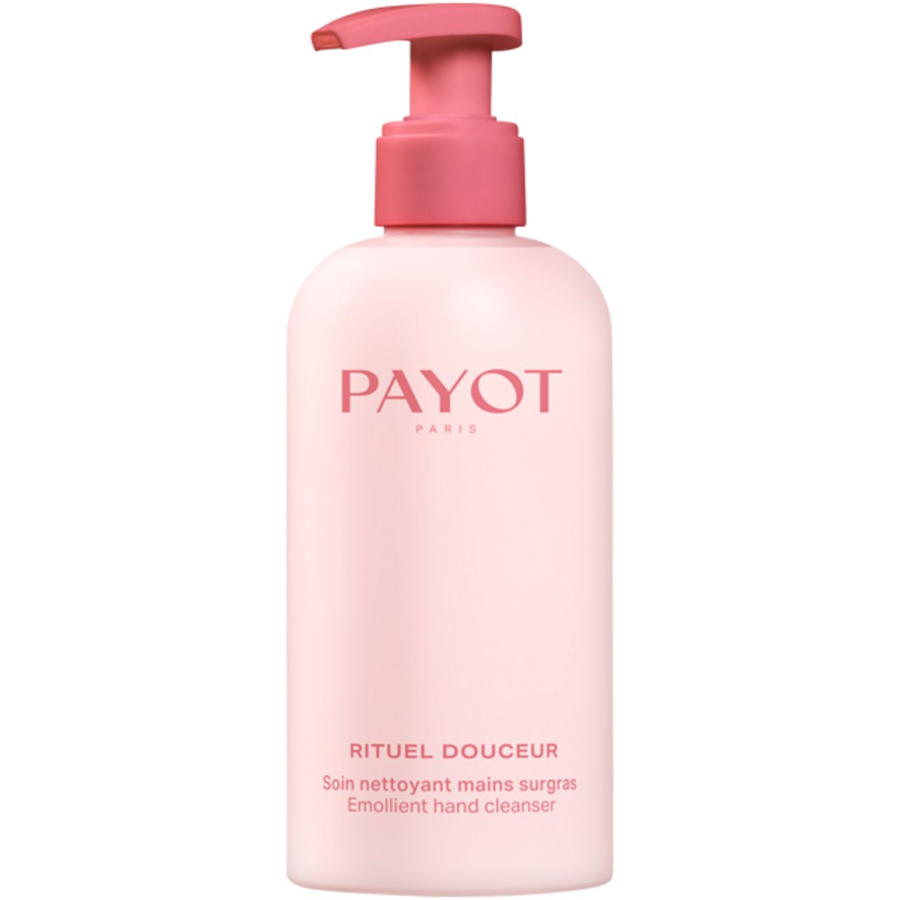 Rosa Flasche mit Dosierpumpe. Aufschrift PAYOT PARIS, darunter RITUEL DOUCEUR, Soin nettoyant mains surgras, Emollient hand cleanser.