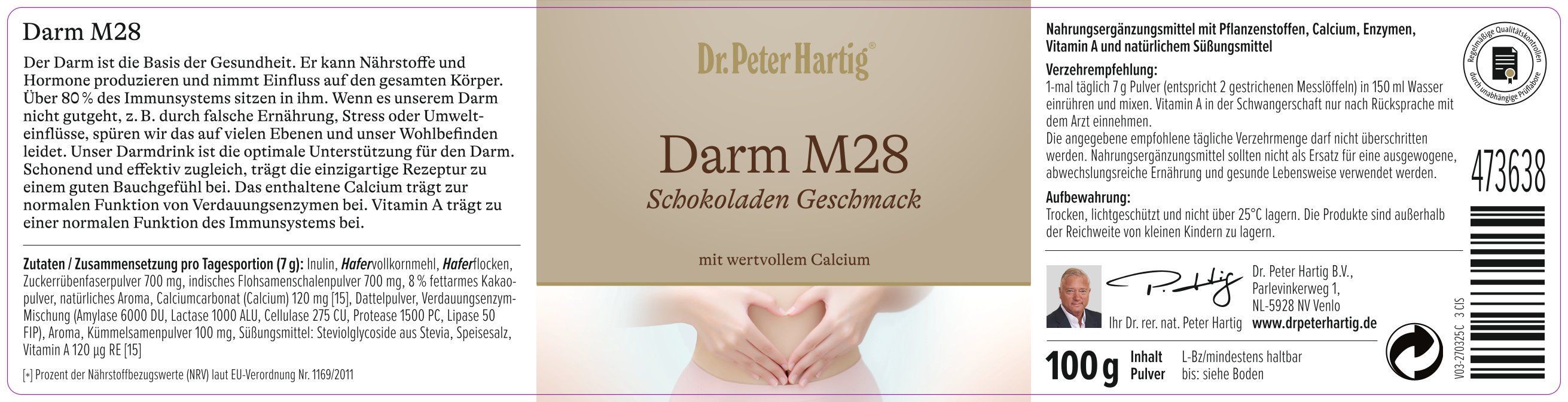 Etikett Dr. Peter Hartig Darm M28, Schokoladen Geschmack. Text: mit wertvollem Calcium. Inhaltsstoffe, Nährwertangaben, 100g.