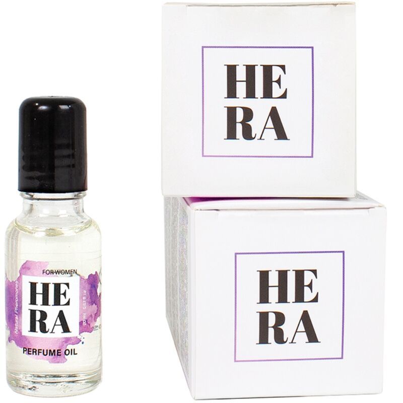 HERA Parfümöl für Damen in kleiner Glasflasche mit schwarzem Verschluss, daneben zwei weiße Kartons mit HERARa-Logo.