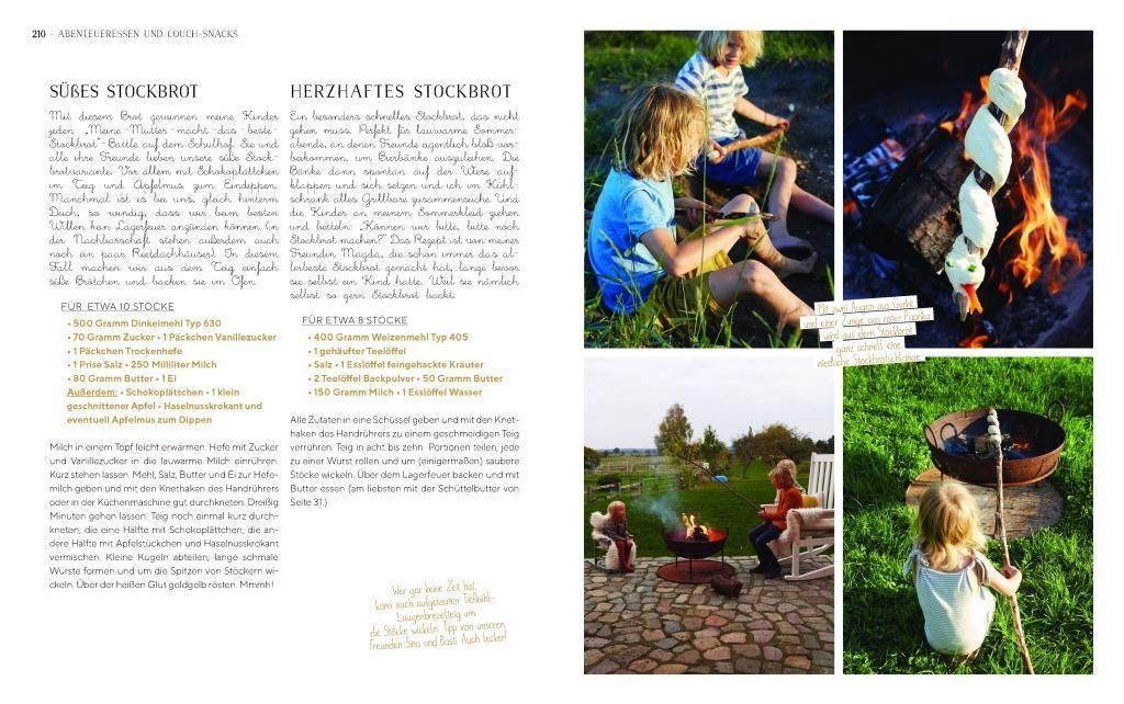 Buchseite: Stockbrot am Lagerfeuer. Kinder am Feuer. Text in Spalten. Rezepte und Zutaten.