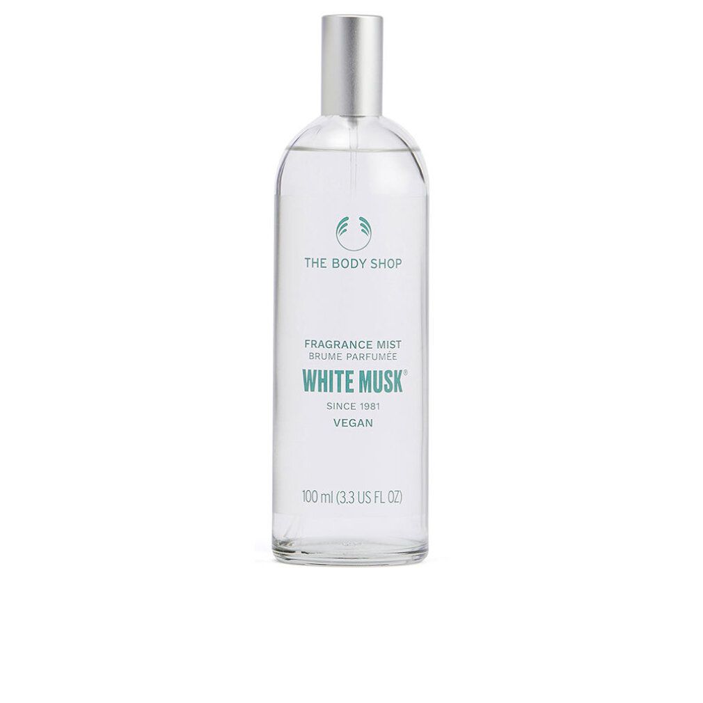 Transparente Flasche mit silbernem Sprühkopf. Etikett mit Logo, Text: White Musk, Fragrance Mist, Vegan. Volumen: 100 ml.