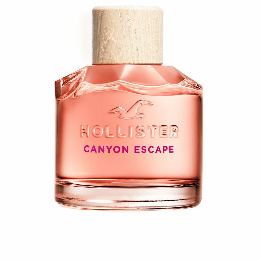 Rosa Glasflasche mit Holzdeckel. Aufschrift: Hollister Canyon Escape. Logo: Möwe.