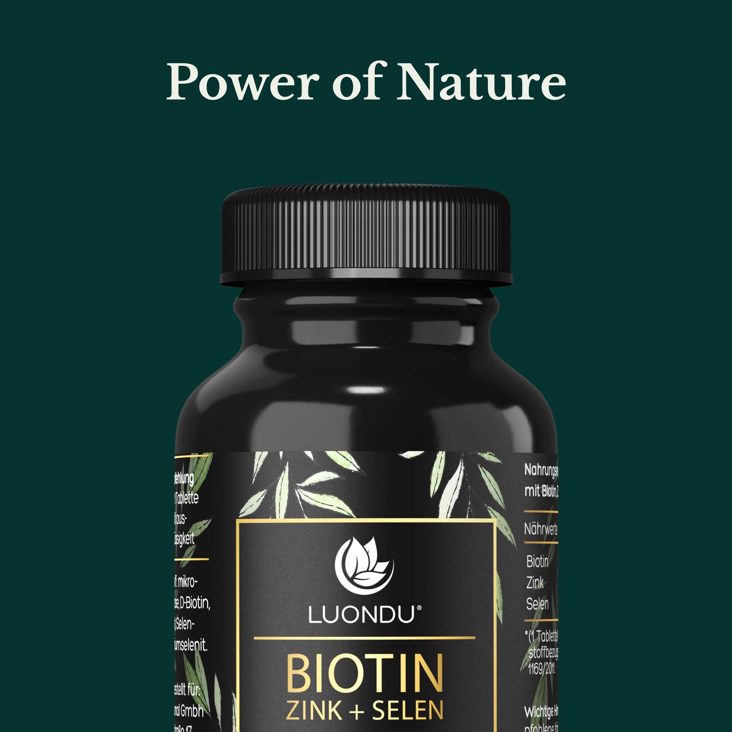 Nahaufnahme der Produktflasche. Text: Power of Nature. Luondu Biotin Zink + Selen.