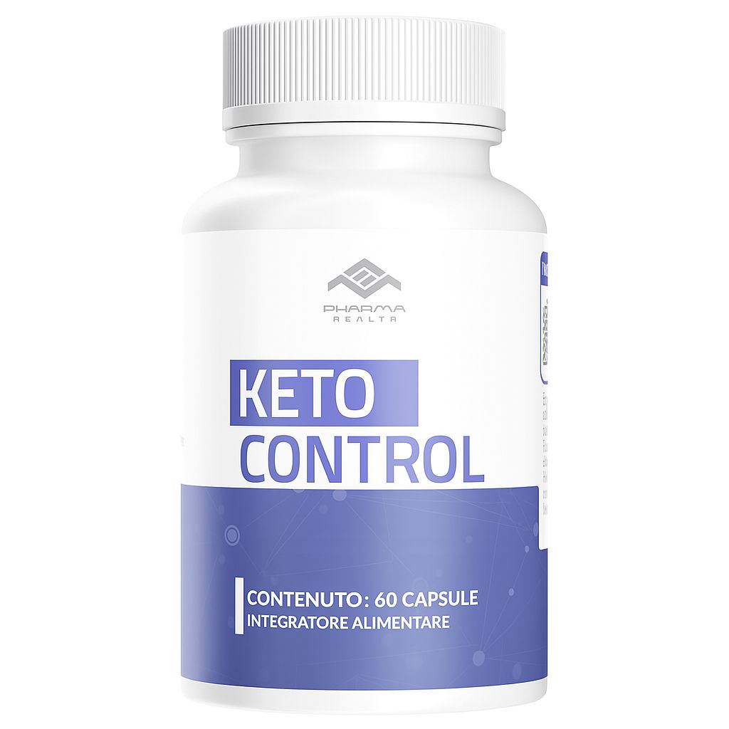 Weiße Flasche mit blauem Etikett. Aufschrift: KETO CONTROL, Pharma Health. Inhalt: 60 Kapseln.