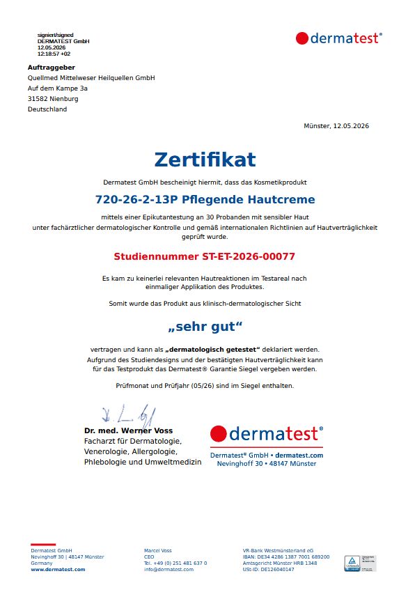 Zertifikat für SOURCE LAB Pflegende Hautcreme mit "sehr gut" Siegel.