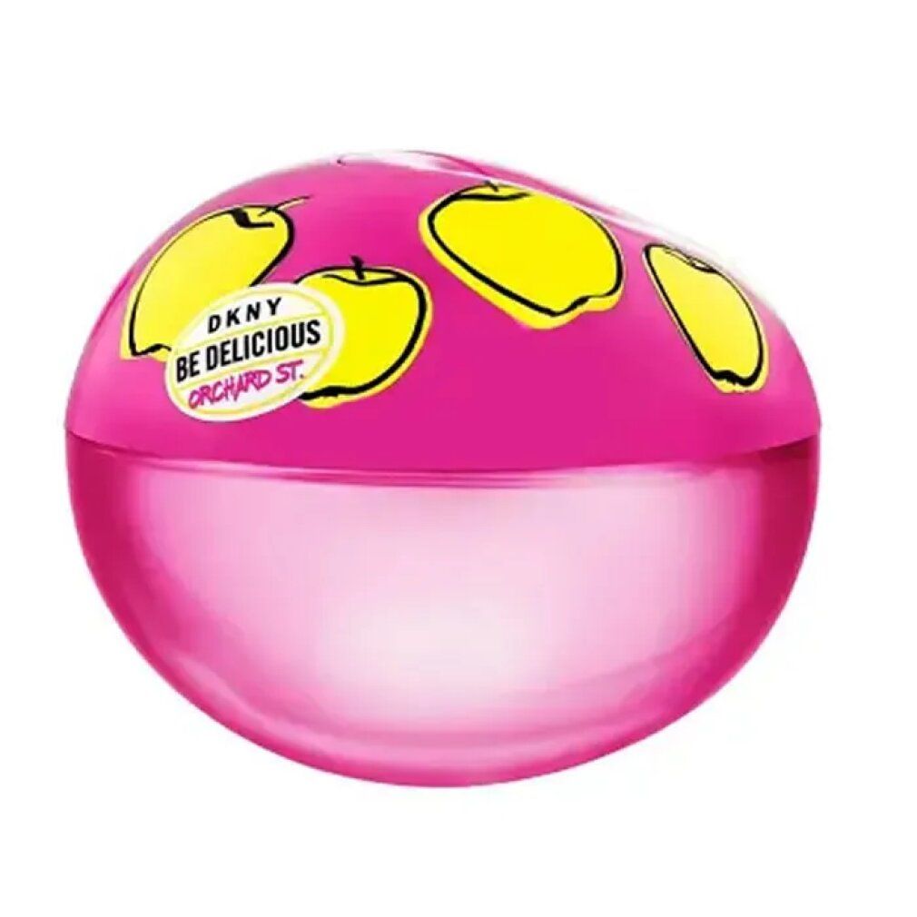 Pinkfarbener, runder Flakon mit gelben Apfel-Dekor. Aufkleber mit Produktnamen.