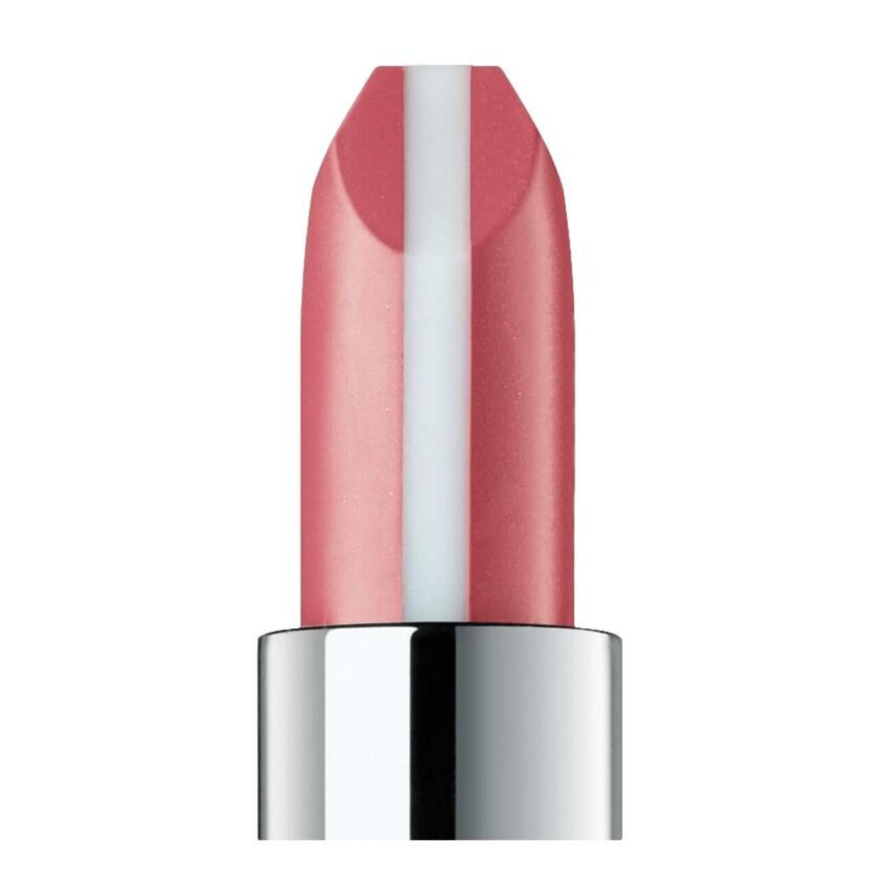 Nahaufnahme eines rosafarbenen Lippenstifts mit weißem Streifen. Der Lippenstift hat eine silberne Hülse.