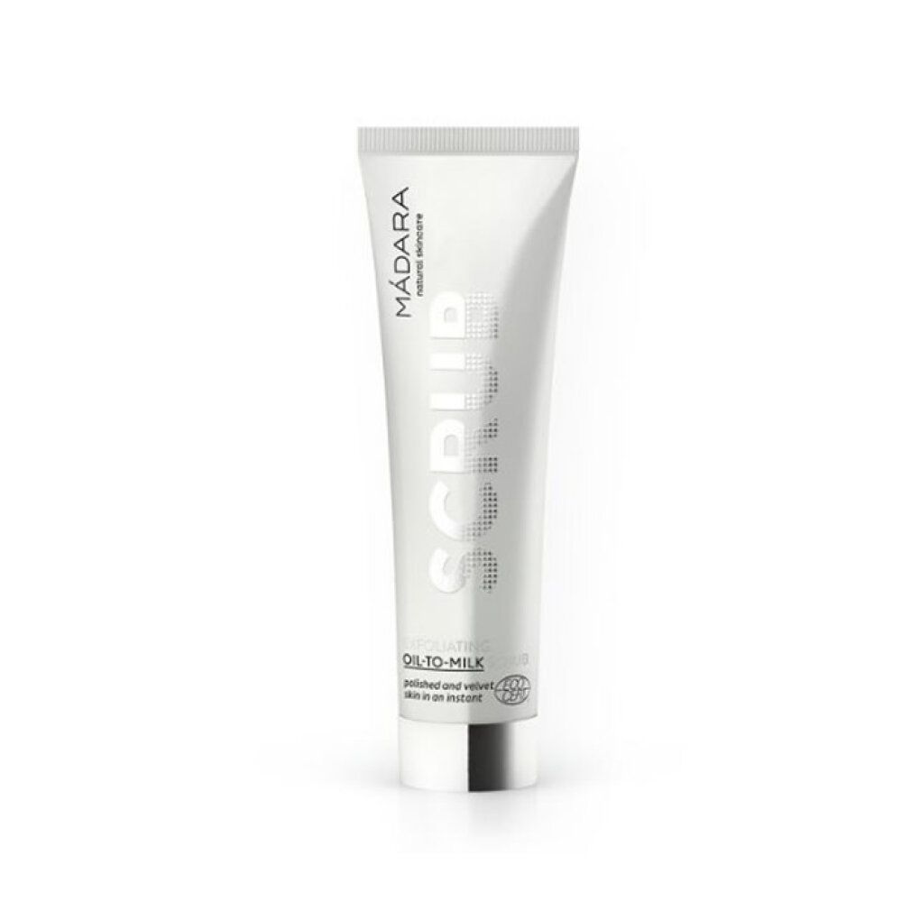 Mádara Bio-Pflege: weiße Tube mit silbernem Aufdruck 'SCRUB', 'EXFOLIATING OIL-TO-MILK SCRUB'.
