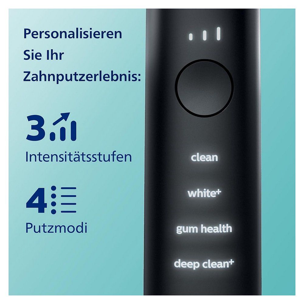 Nahaufnahme des Griffs einer schwarzen elektrischen Zahnbürste mit 3 Intensitätsstufen und 4 Putzmodi.