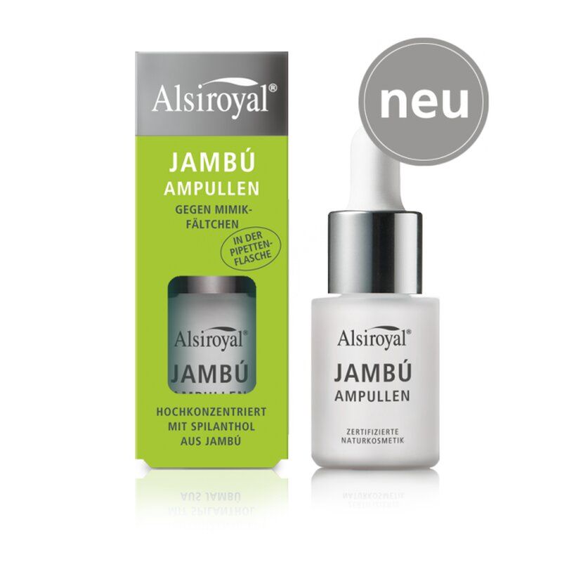 Serumflasche und Verpackung. Aufschrift: Alsiroyal Jambu Ampullen. Mit Pipette. "Neu"-Siegel.