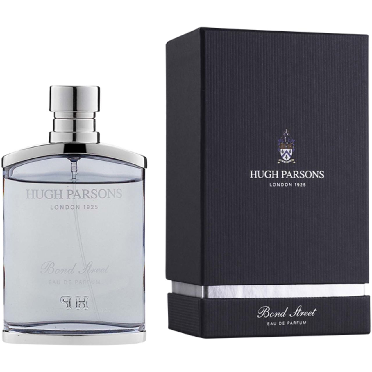 Glasflakon mit silbernem Verschluss und schwarzer Verpackung. Aufschrift: Hugh Parsons London 1925, Bond Street. Helle Flüssigkeit sichtbar.