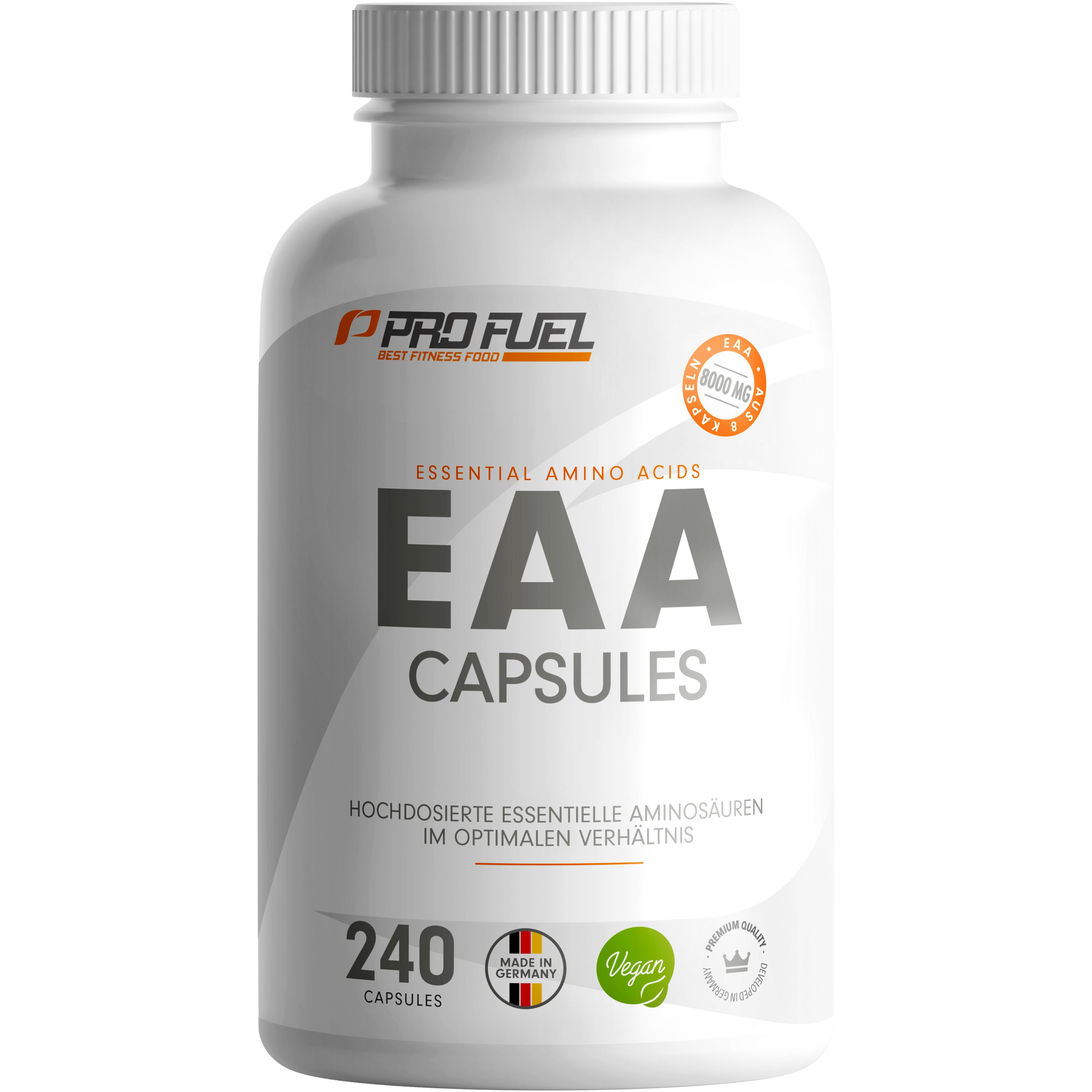 Weiße Flasche mit EAA Kapseln. Aufschrift: EAA CAPSULES, 240 Kapseln. Label mit veganem Siegel und Herkunftsland.