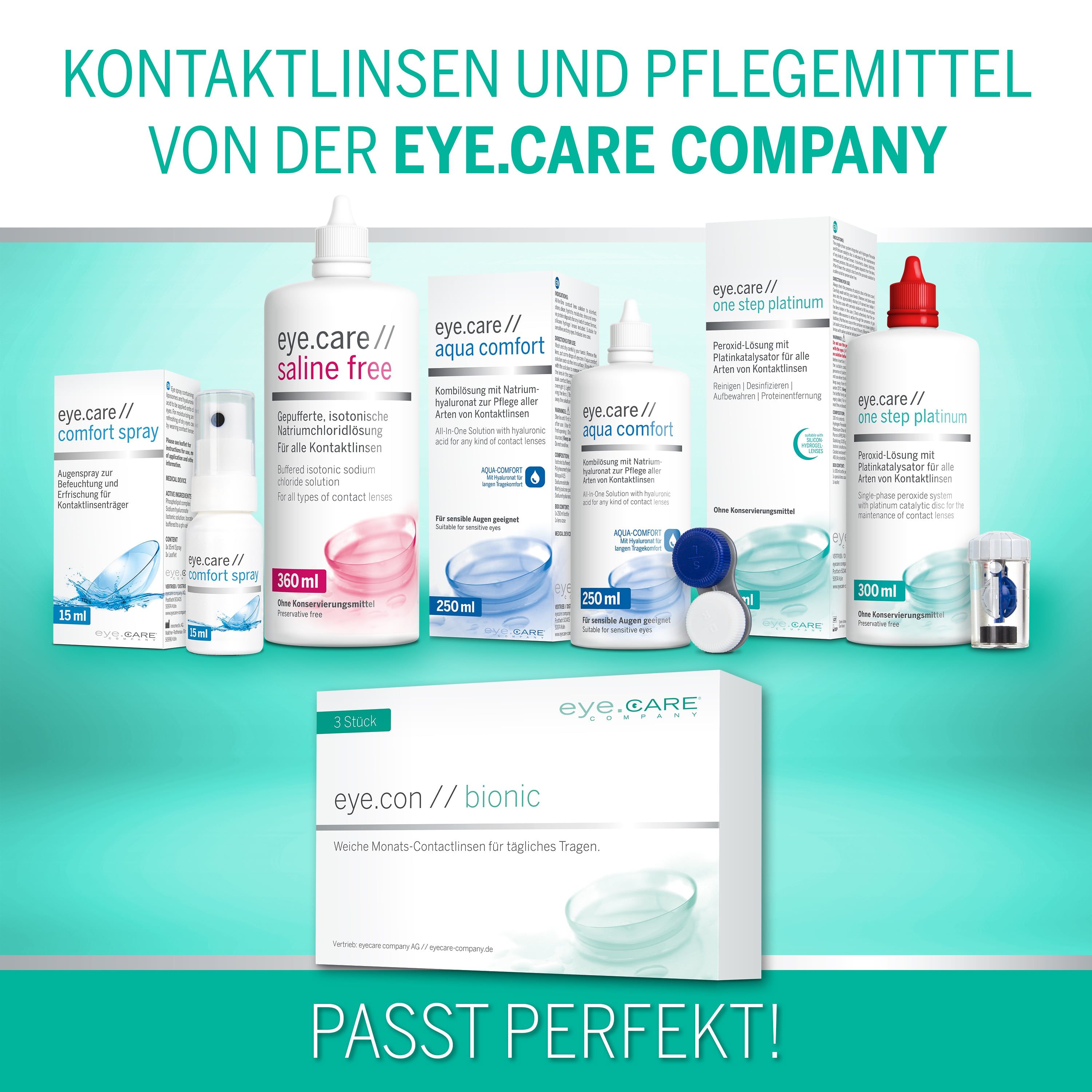 Sortiment an Kontaktlinsen und Pflegemitteln der Eye.Care Company.