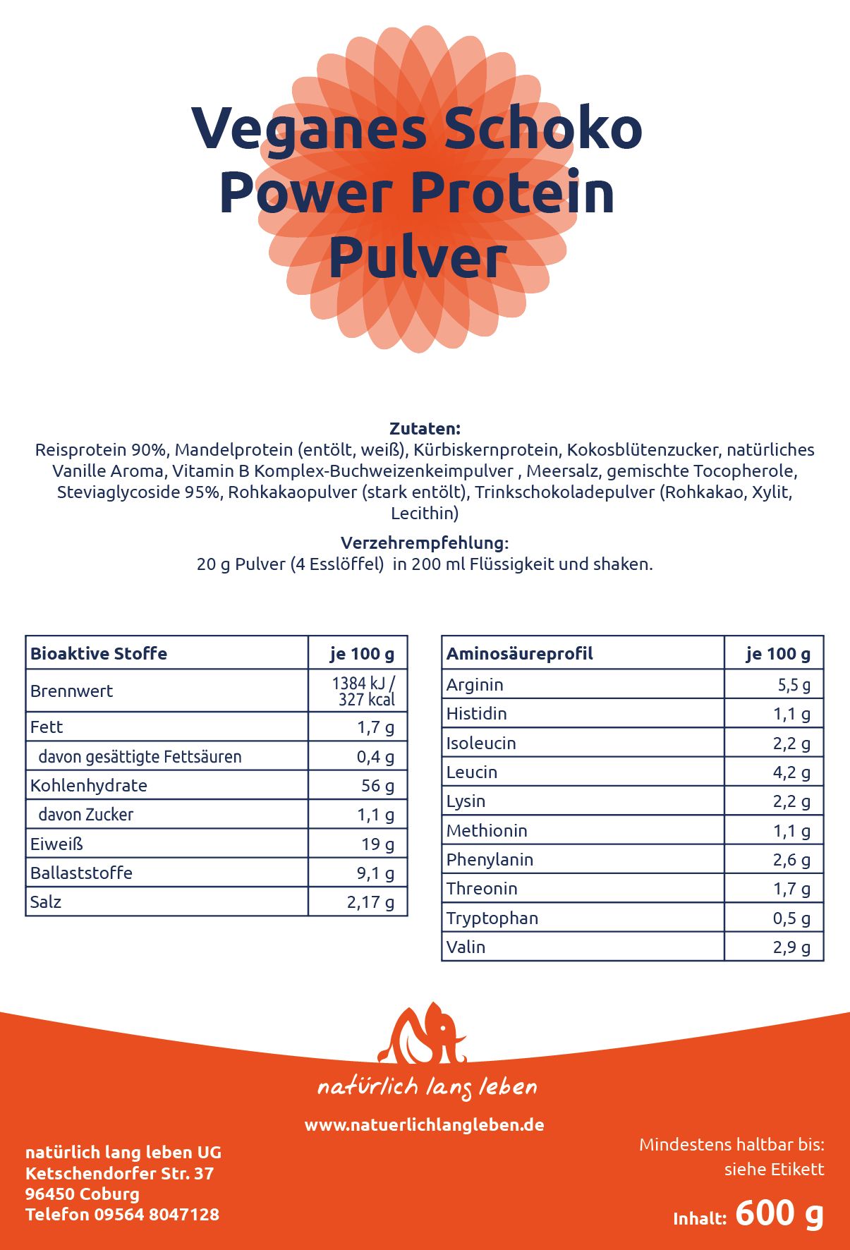 natürlich lang leben Veganes Schoko Power Protein Pulver 600 g