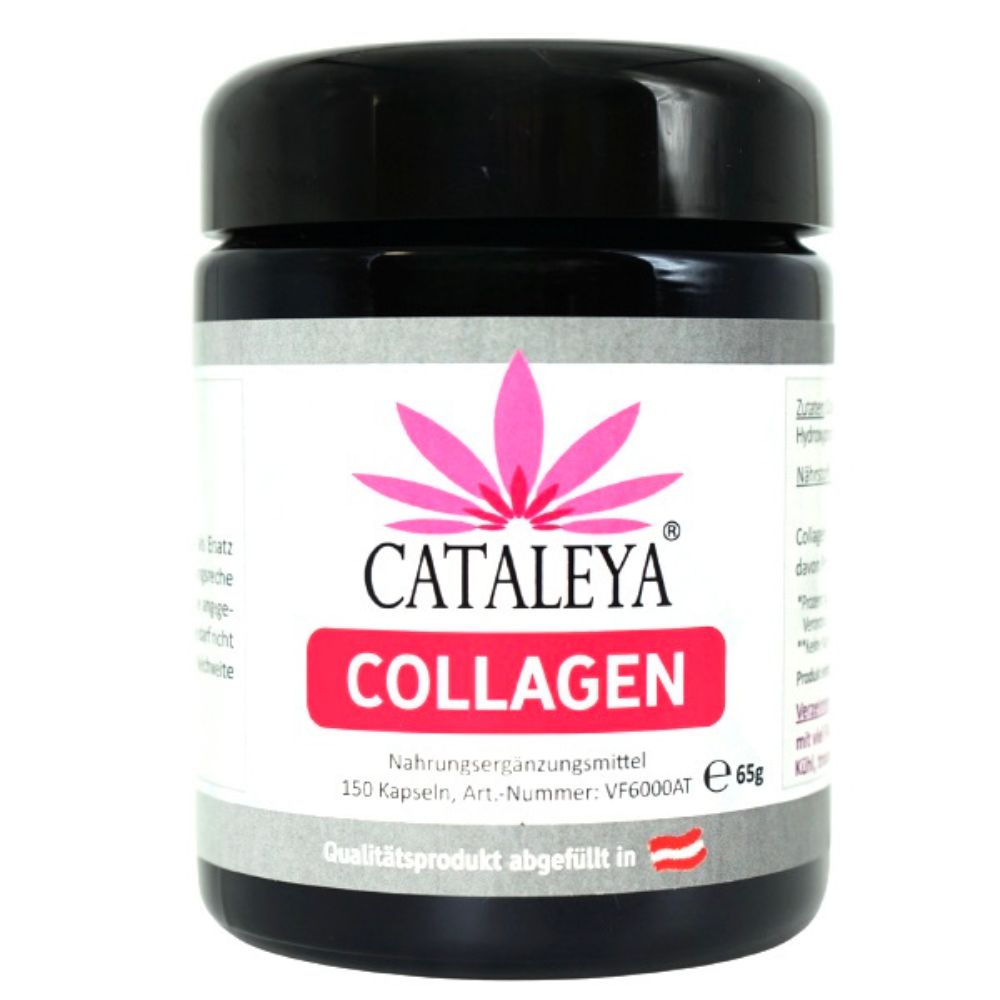Eine schwarze Dose mit CATALEYA Collagen Kapseln. Auf dem Etikett steht "CATALEYA COLLAGEN" in Rosa und Weiß, darunter "150 Kapseln" und "65g". Das Produkt ist ein Nahrungsergänzungsmittel.