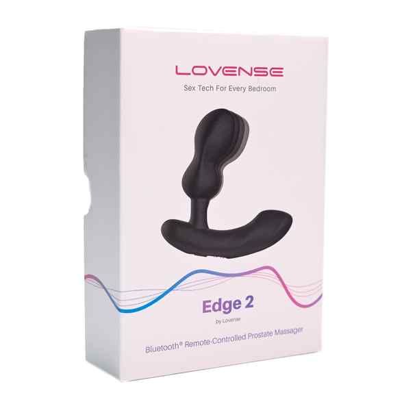 Verpackung des Prostata-Massagegeräts Edge 2 von Lovense. Weißer Karton mit Produktbild. Text: Edge 2, Bluetooth.