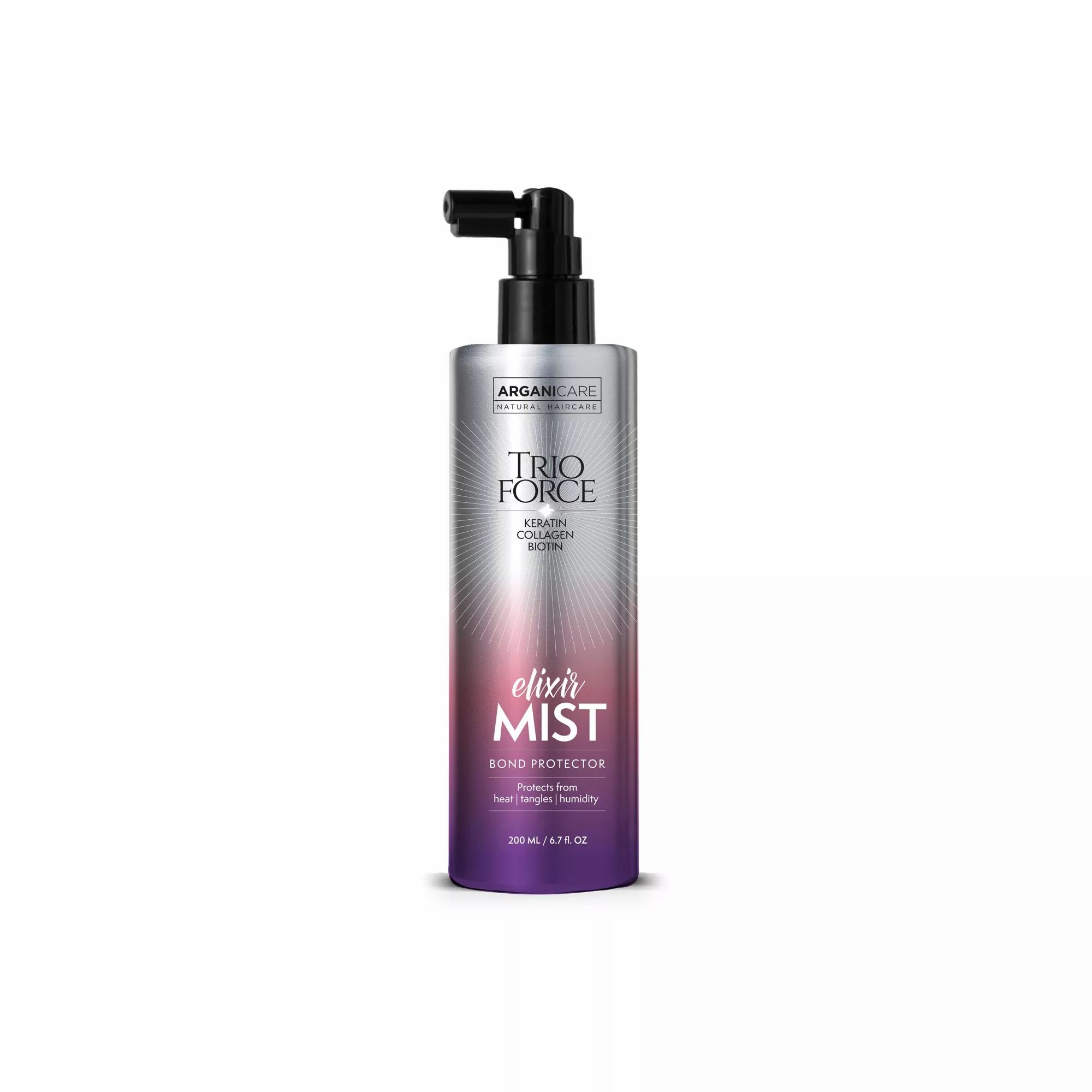 Sprayflasche mit schwarzem Sprühkopf. Aufschrift: Trio Force, Elixir Mist, Bond Protector. Farbverlauf von Silber zu Lila.